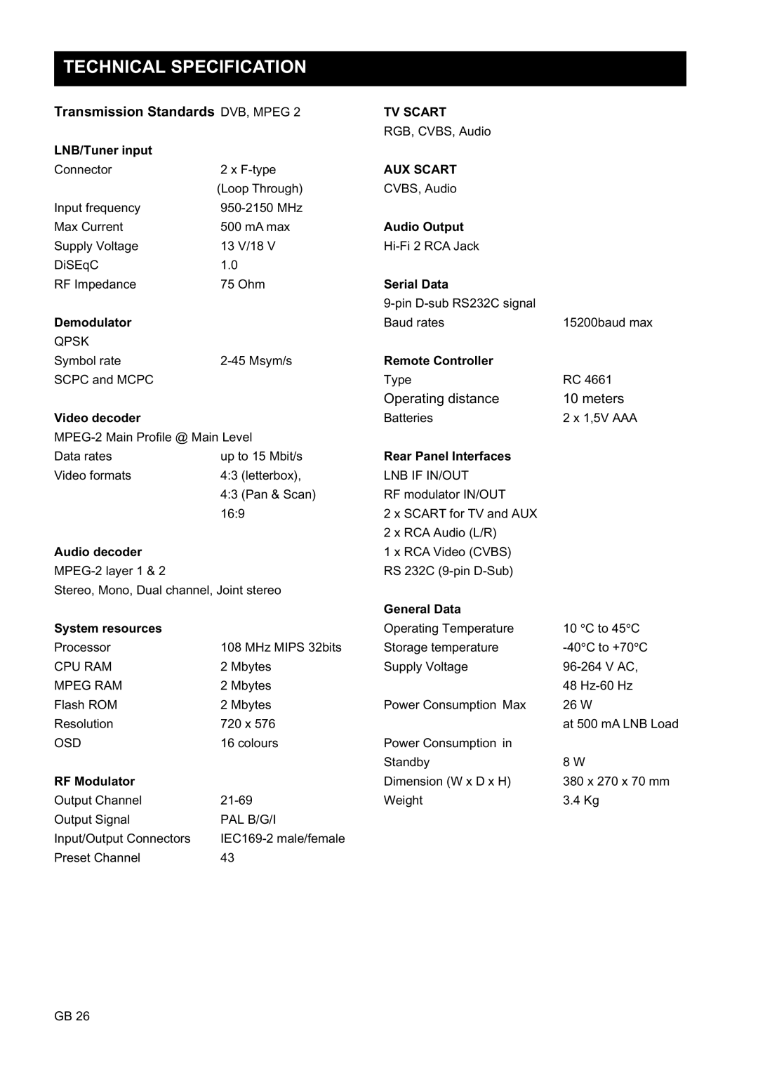 Nokia 9450 S owner manual Technical Specification, Transmission Standards DVB, Mpeg 