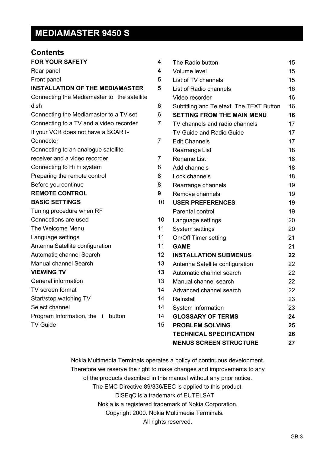 Nokia owner manual Mediamaster 9450 S, Contents 