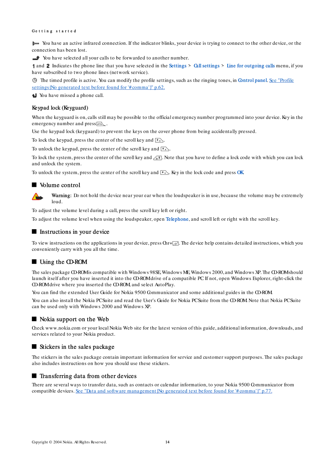 Nokia 9500 manual Volume control, Instructions in your device, Using the CD-ROM, Transferring data from other devices 