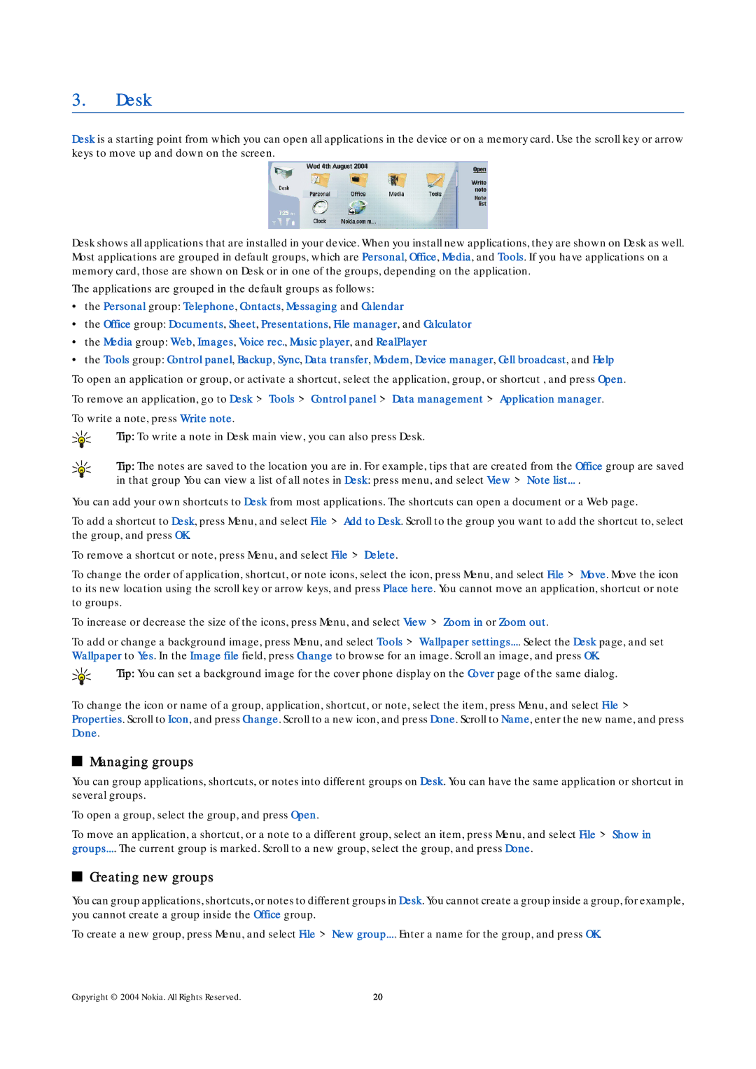 Nokia 9500 manual Desk, Managing groups, Creating new groups 