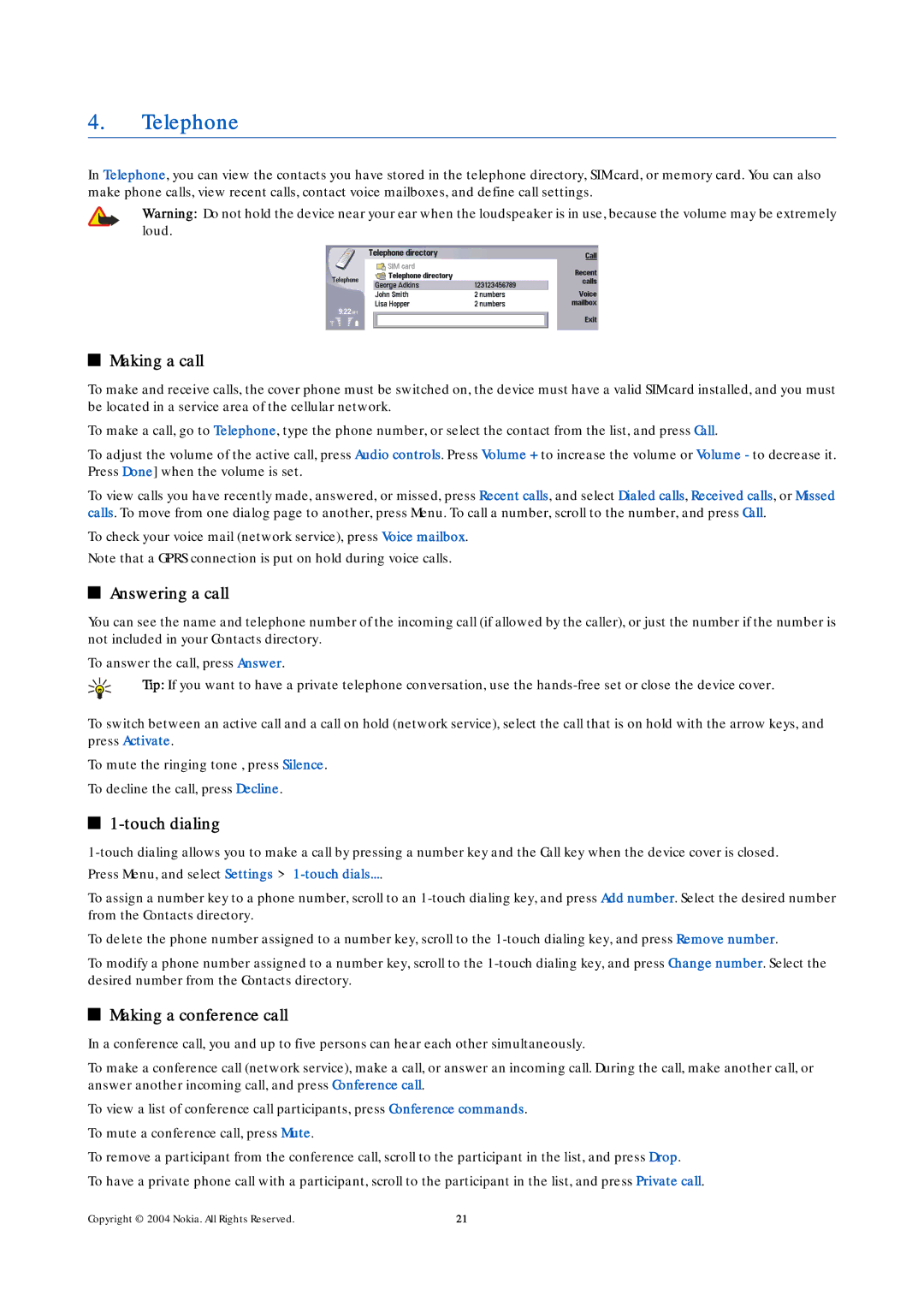 Nokia 9500 manual Telephone, Touch dialing, Making a conference call, Press Menu, and select Settings 1-touch dials 