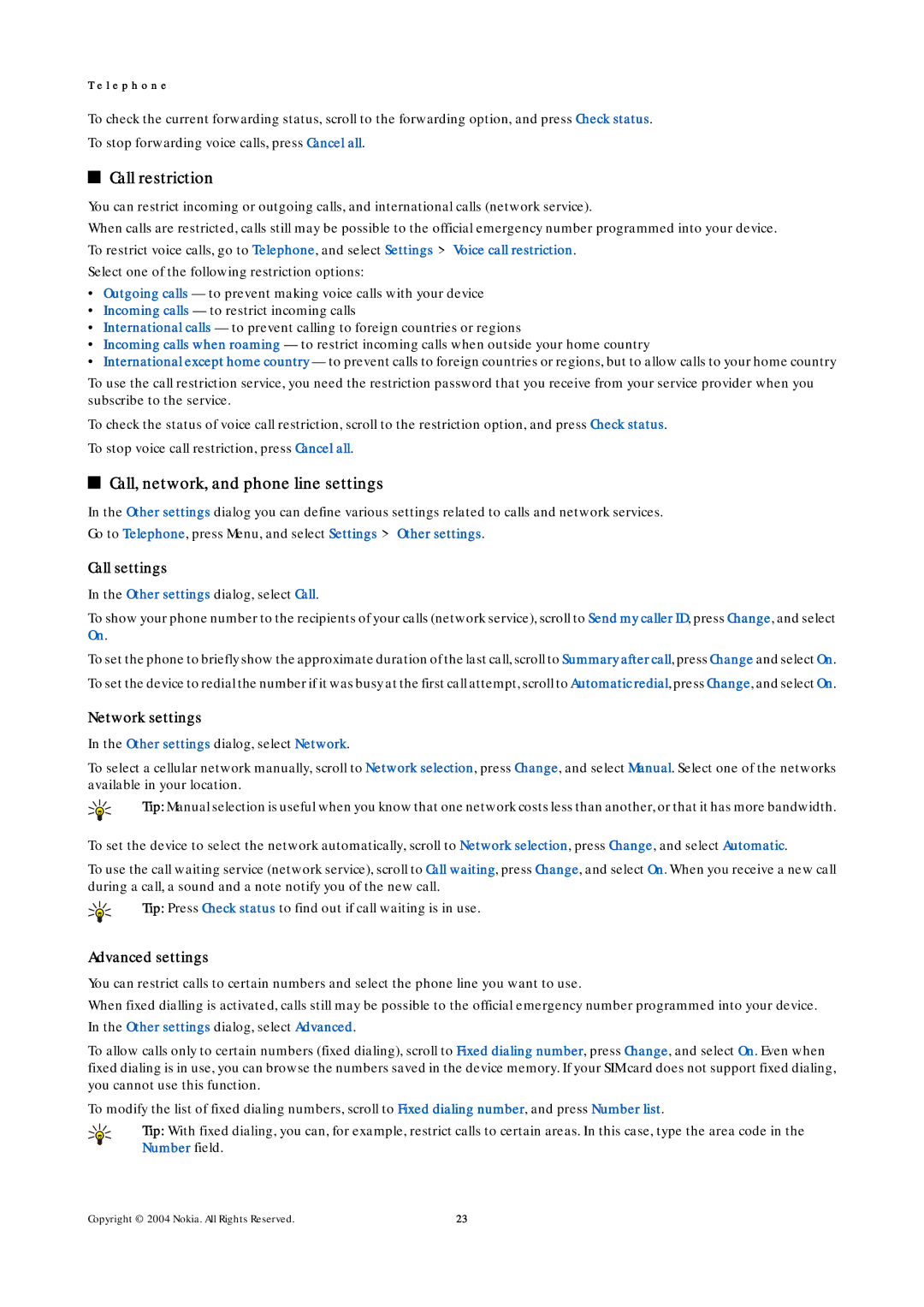 Nokia 9500 Call restriction, Call, network, and phone line settings, Call settings, Network settings, Advanced settings 