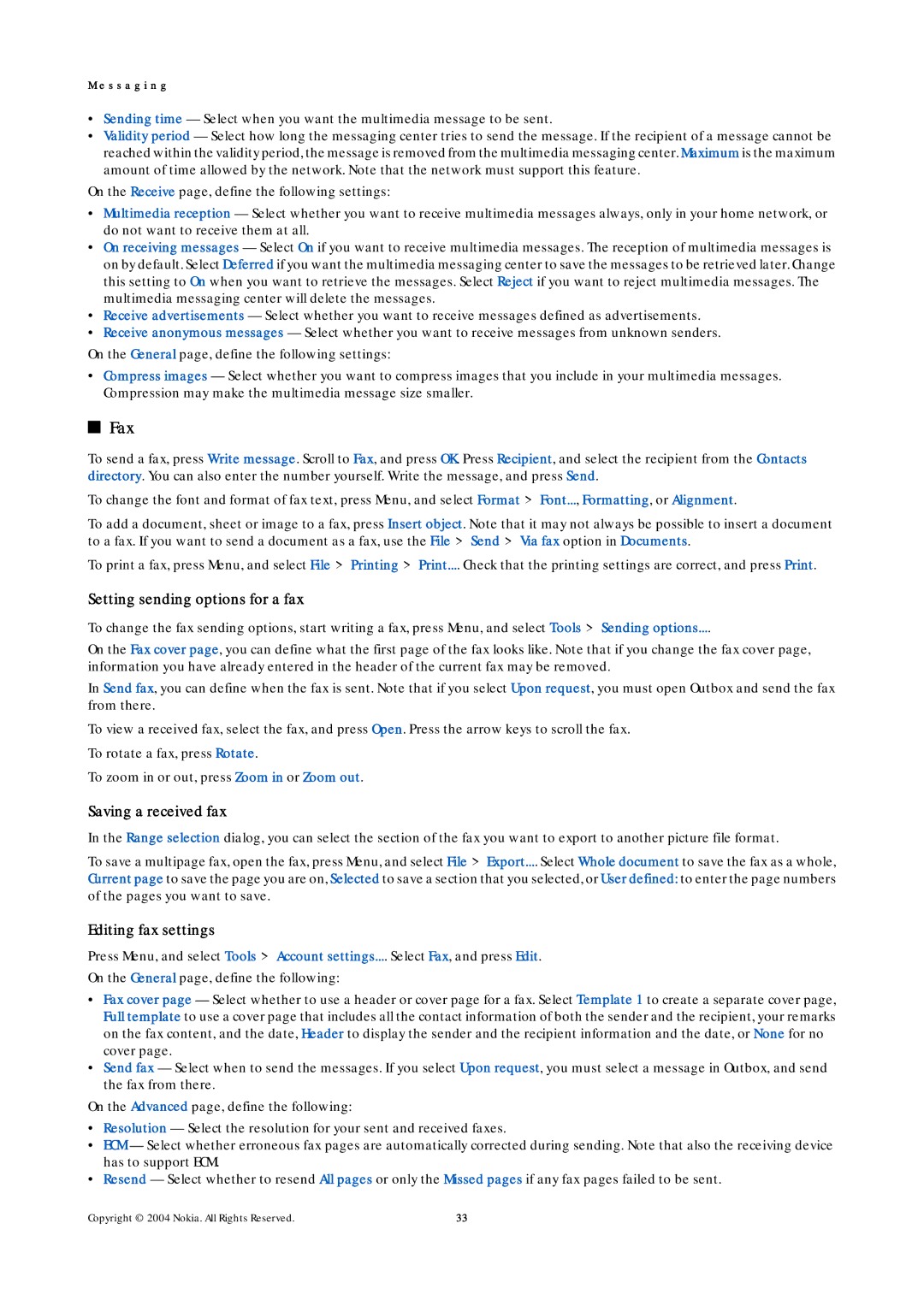 Nokia 9500 manual Fax, Setting sending options for a fax, Saving a received fax, Editing fax settings 