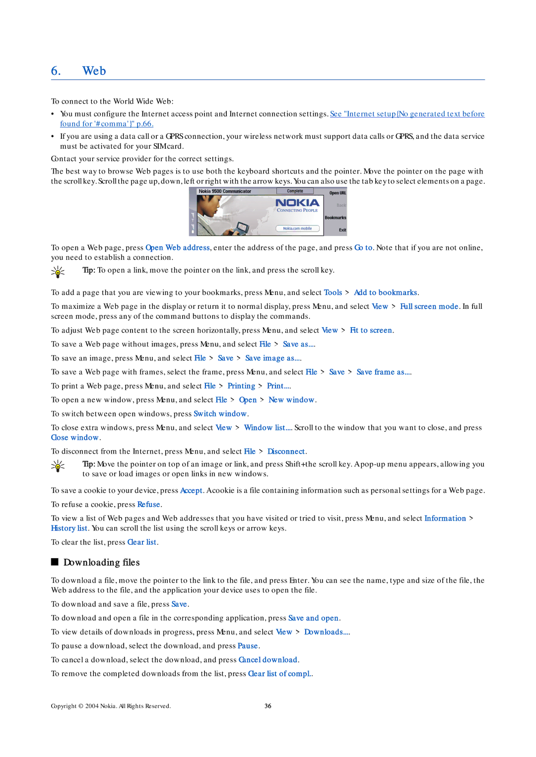 Nokia 9500 manual Web, Downloading files 