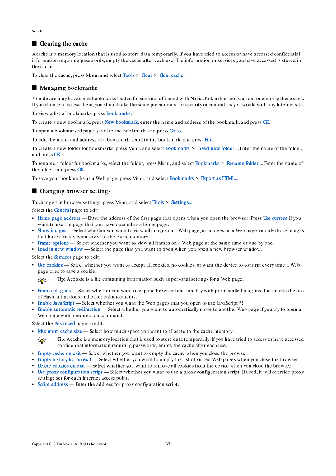 Nokia 9500 manual Clearing the cache, Managing bookmarks, Changing browser settings 