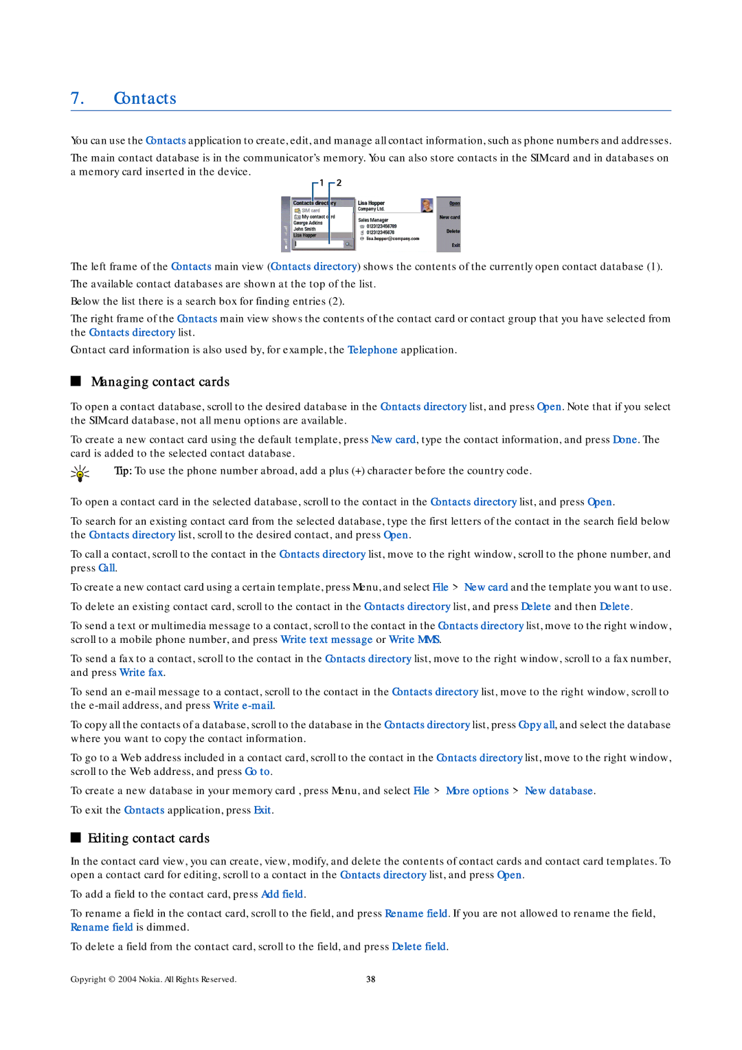 Nokia 9500 manual Contacts, Managing contact cards, Editing contact cards 