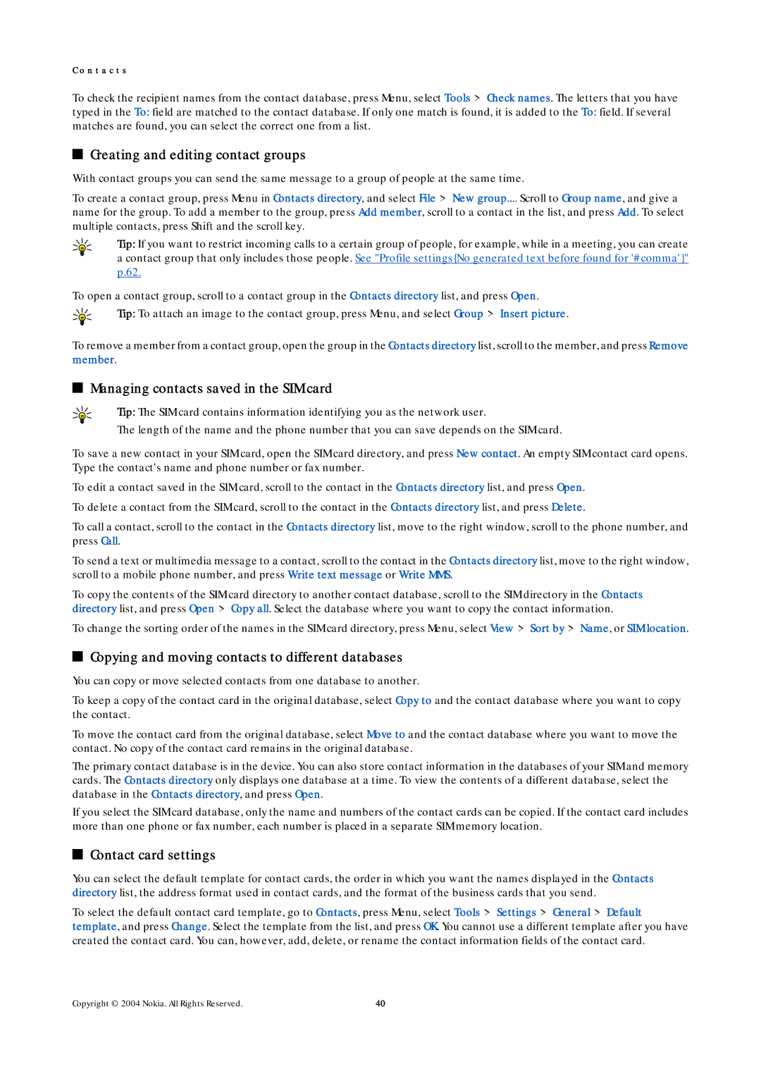 Nokia 9500 manual Creating and editing contact groups, Managing contacts saved in the SIM card, Contact card settings 