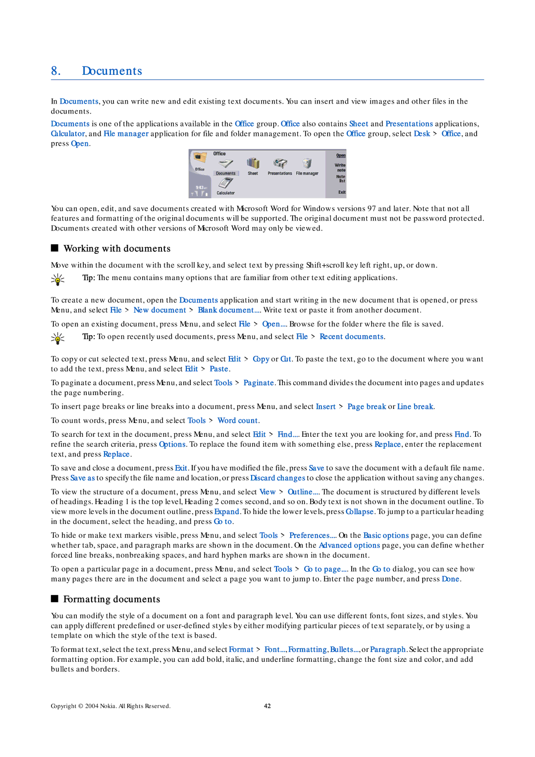 Nokia 9500 manual Documents, Working with documents, Formatting documents 