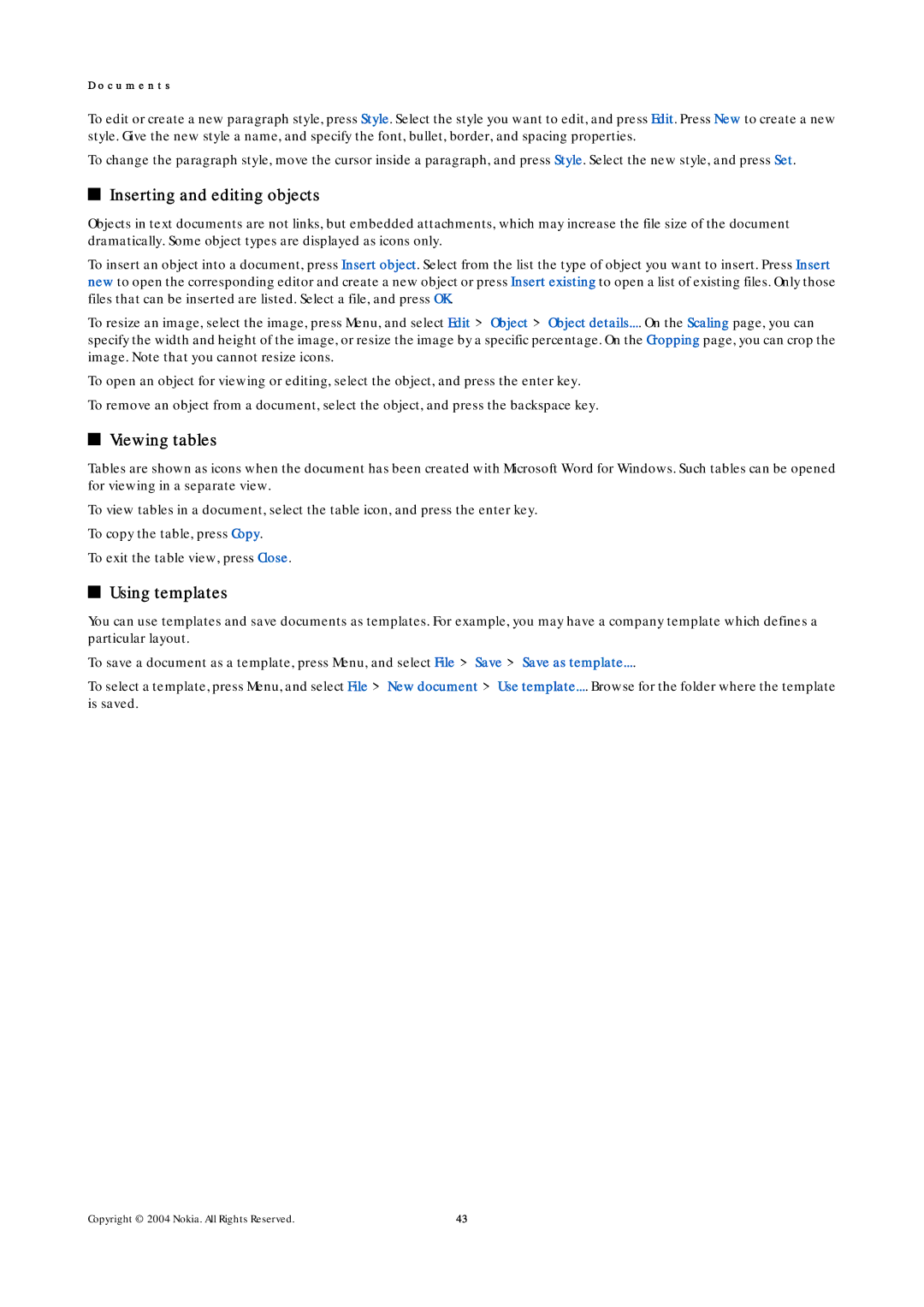 Nokia 9500 manual Inserting and editing objects, Viewing tables, Using templates 