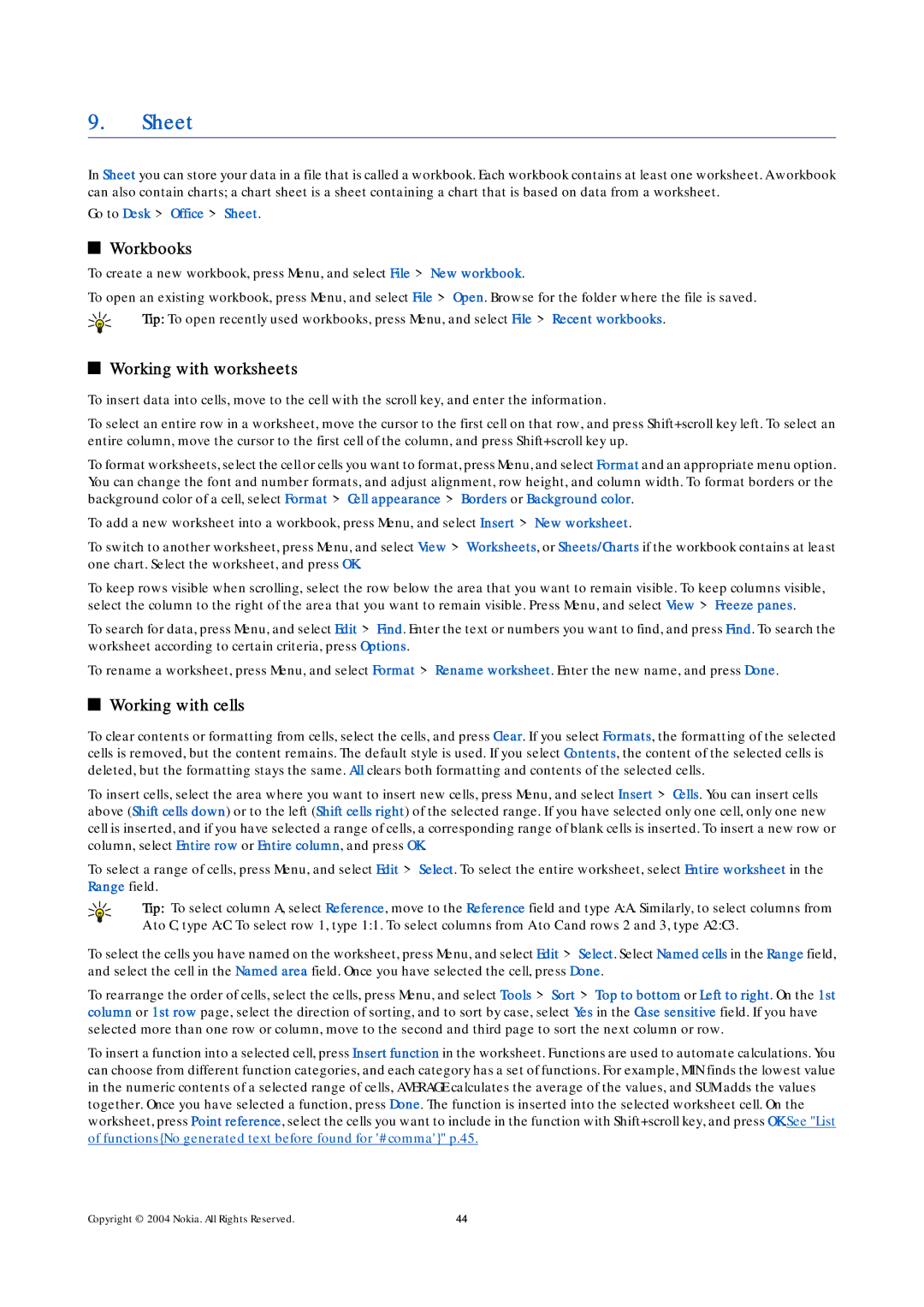 Nokia 9500 manual Workbooks, Working with worksheets, Working with cells, Go to Desk Office Sheet 