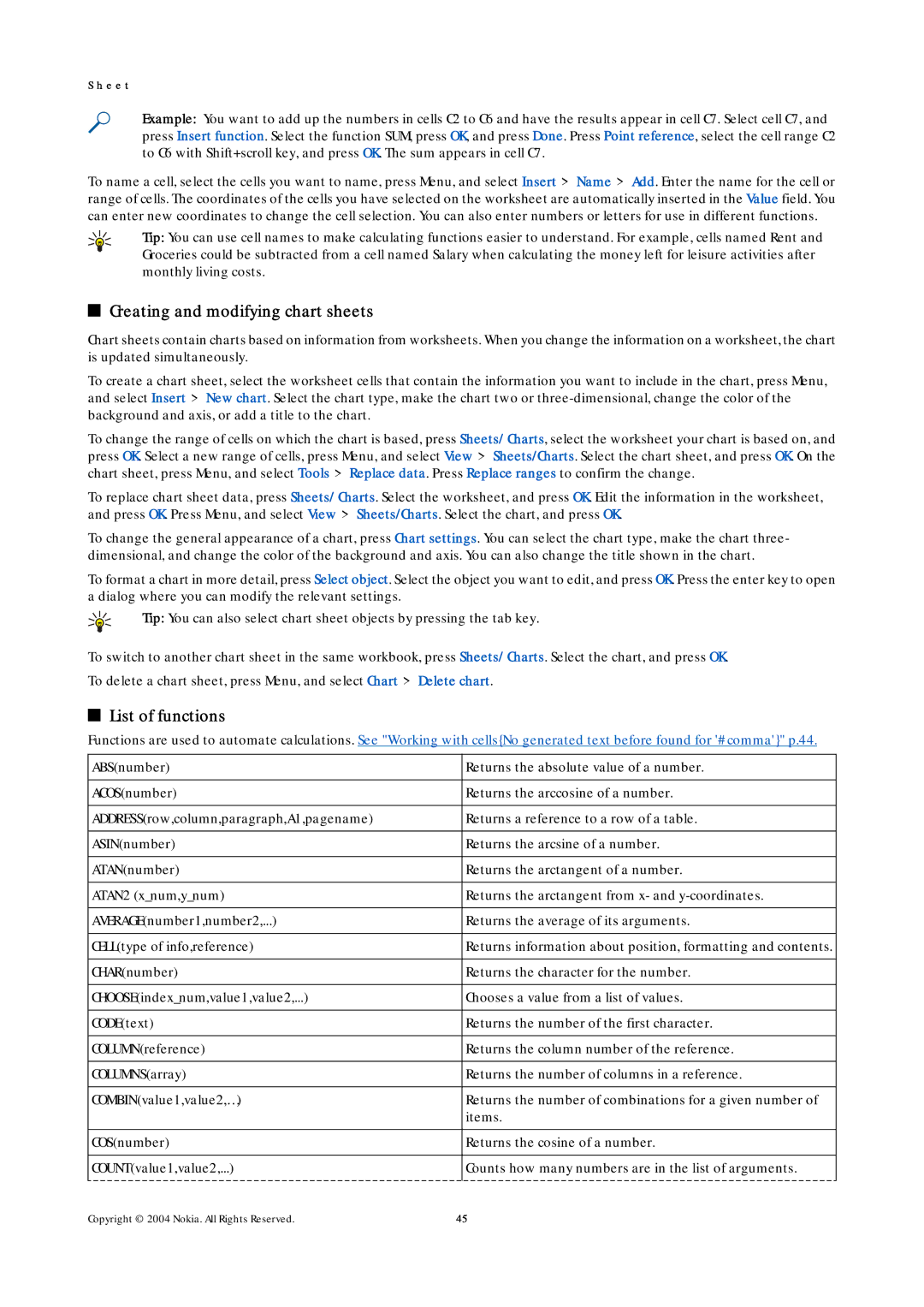 Nokia 9500 manual Creating and modifying chart sheets, List of functions 