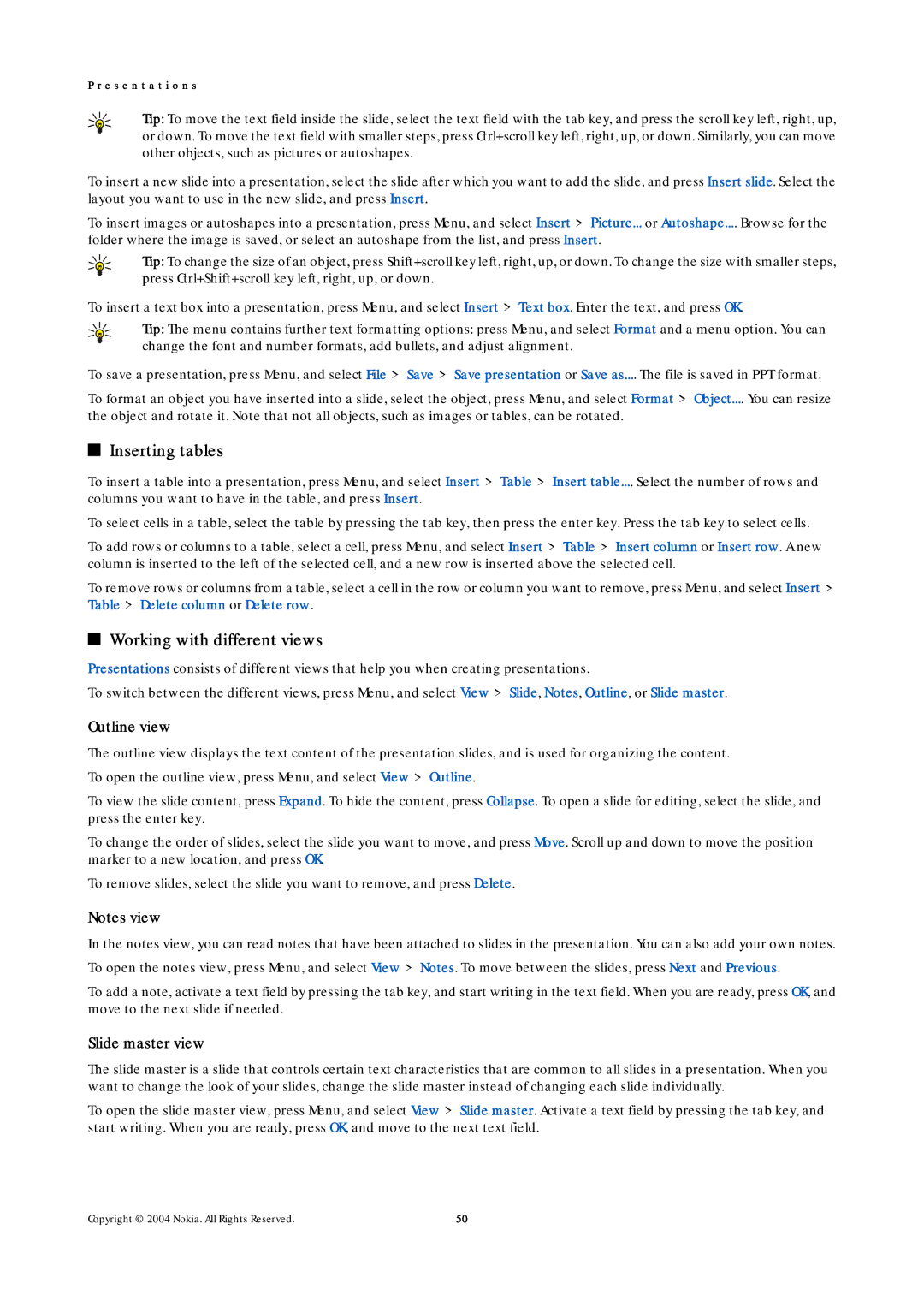 Nokia 9500 manual Inserting tables, Working with different views, Outline view, Slide master view 