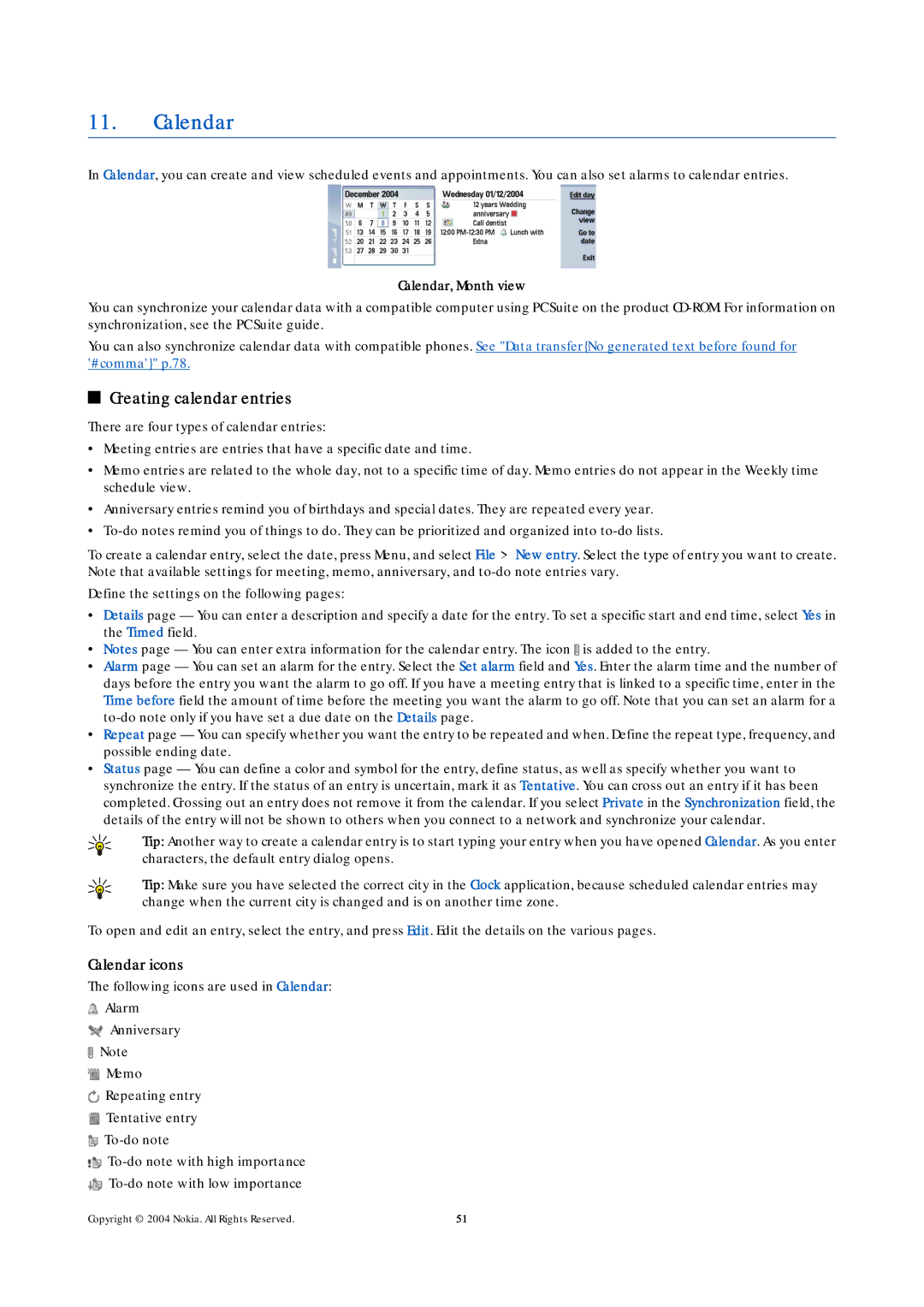 Nokia 9500 manual Creating calendar entries, Calendar icons, Calendar, Month view 