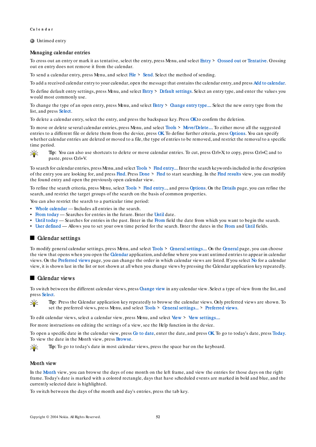 Nokia 9500 manual Calendar settings, Calendar views, Managing calendar entries, Month view 