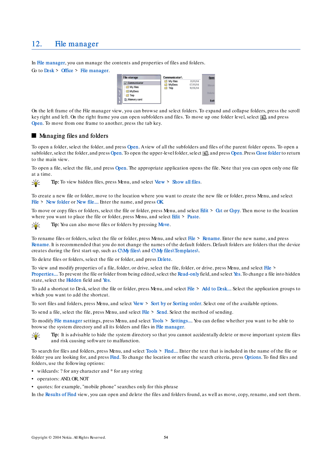 Nokia 9500 manual Managing files and folders, Go to Desk Office File manager 