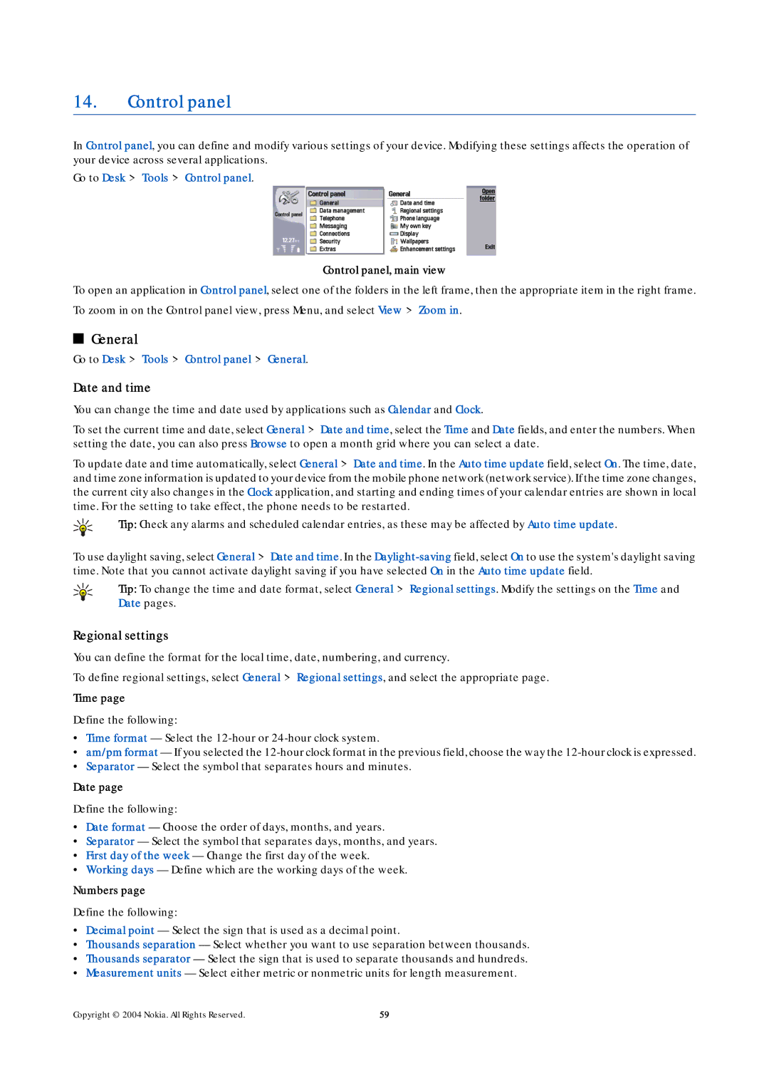 Nokia 9500 manual Control panel, General, Date and time, Regional settings 