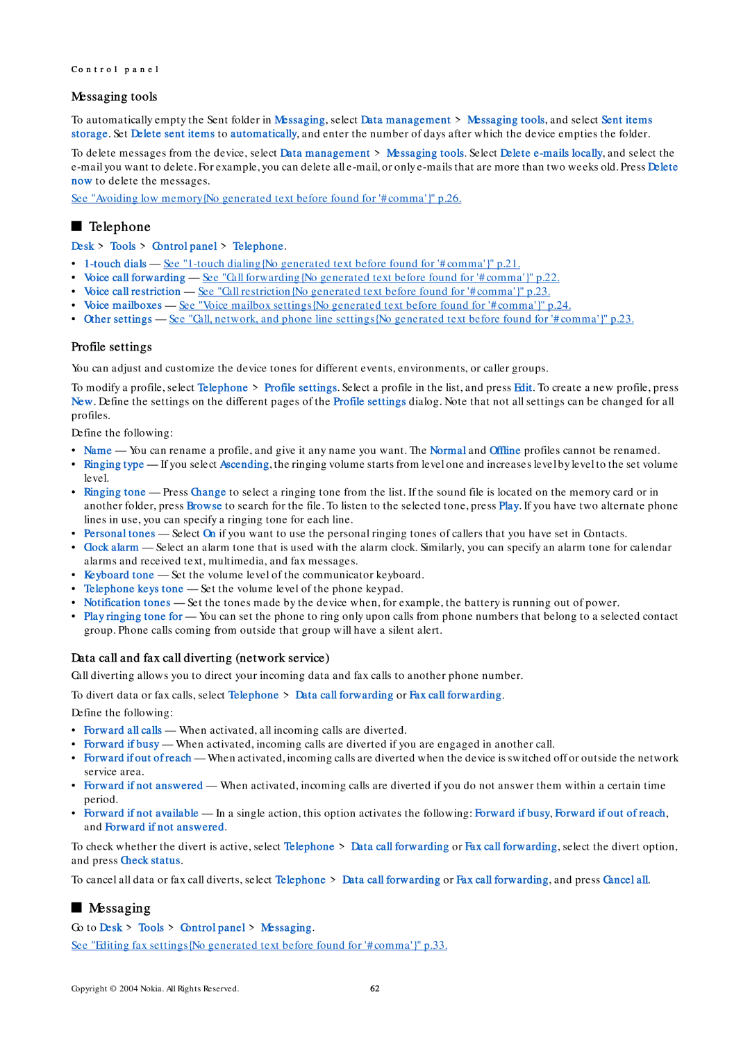 Nokia 9500 manual Telephone, Messaging tools, Profile settings, Data call and fax call diverting network service 