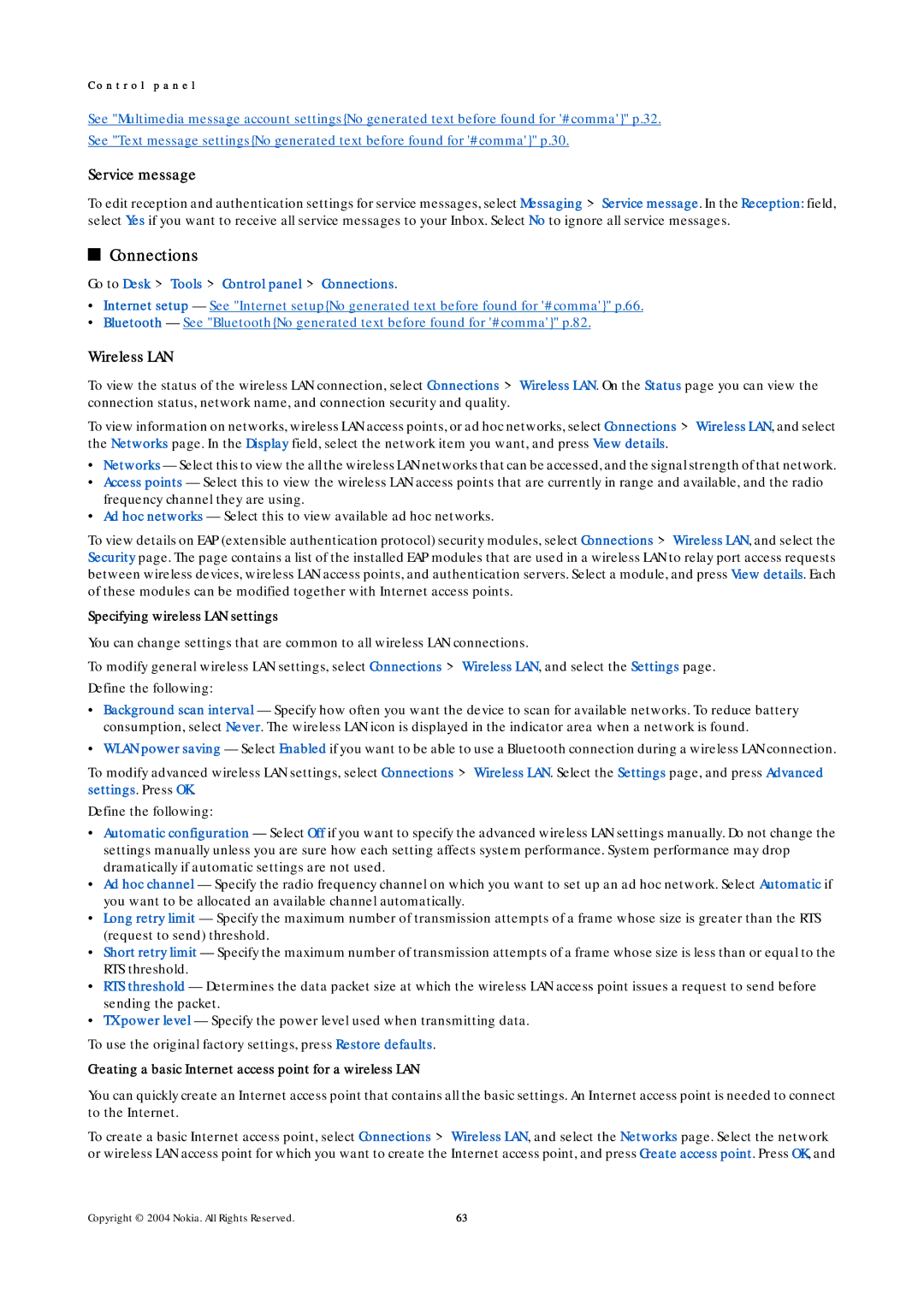 Nokia 9500 manual Service message, Wireless LAN, Go to Desk Tools Control panel Connections 