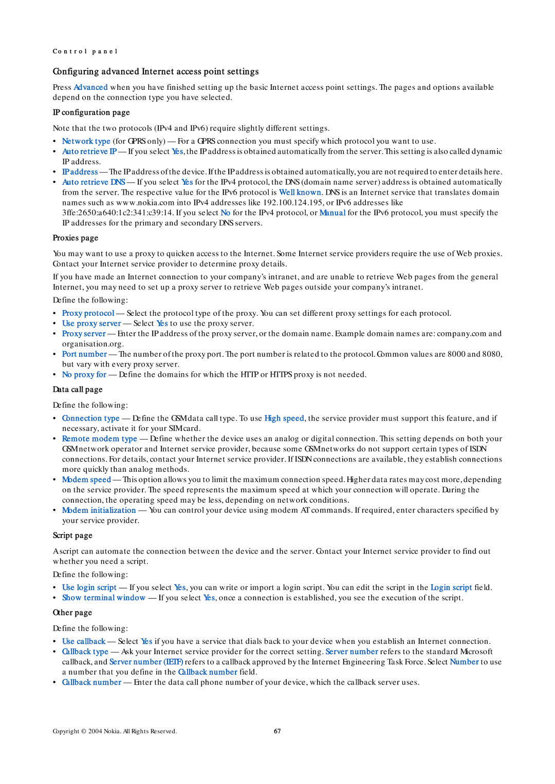 Nokia 9500 manual Configuring advanced Internet access point settings 