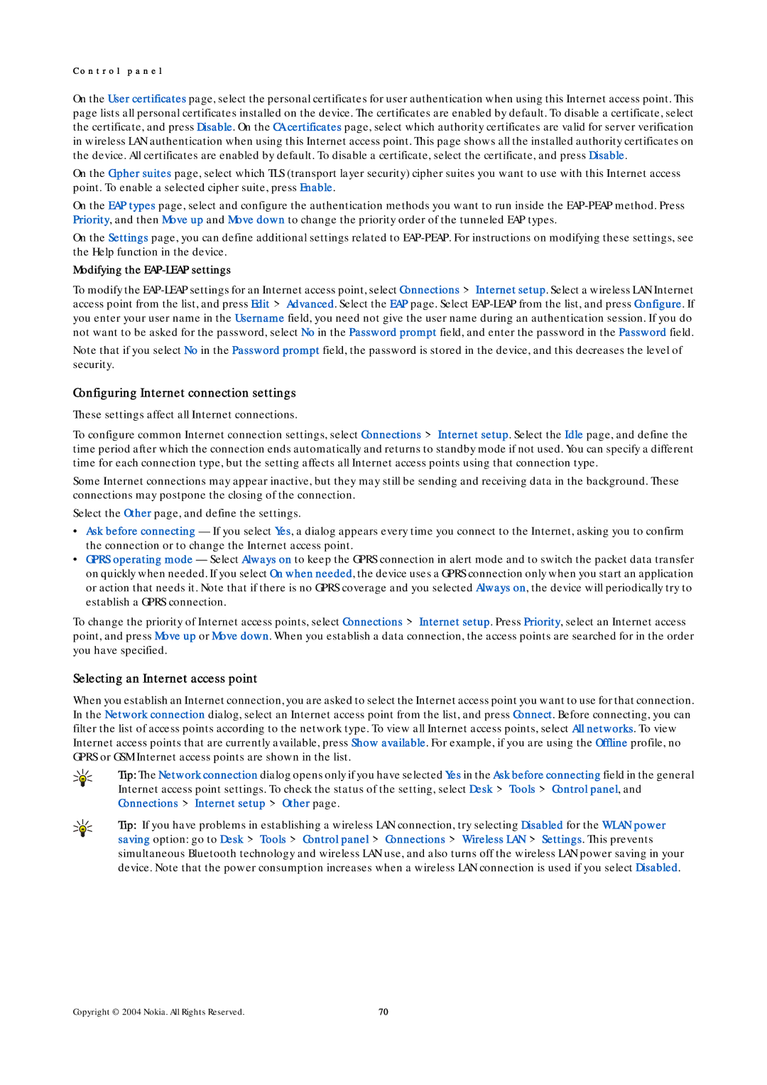 Nokia 9500 Configuring Internet connection settings, Selecting an Internet access point, Modifying the EAP-LEAP settings 