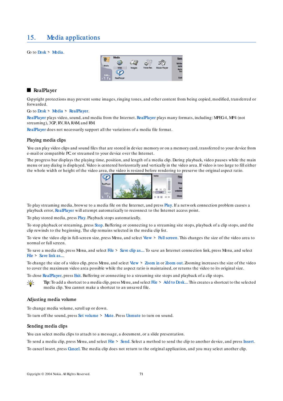 Nokia 9500 manual Media applications, RealPlayer, Playing media clips, Adjusting media volume, Sending media clips 