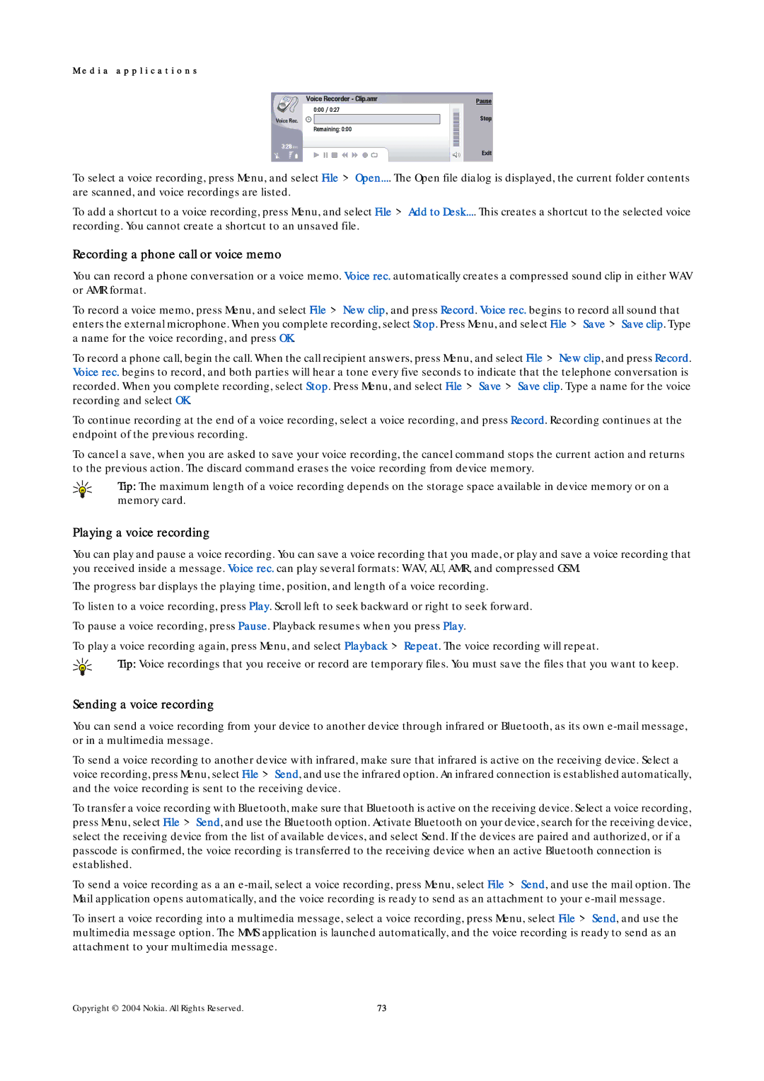 Nokia 9500 manual Recording a phone call or voice memo, Playing a voice recording, Sending a voice recording 