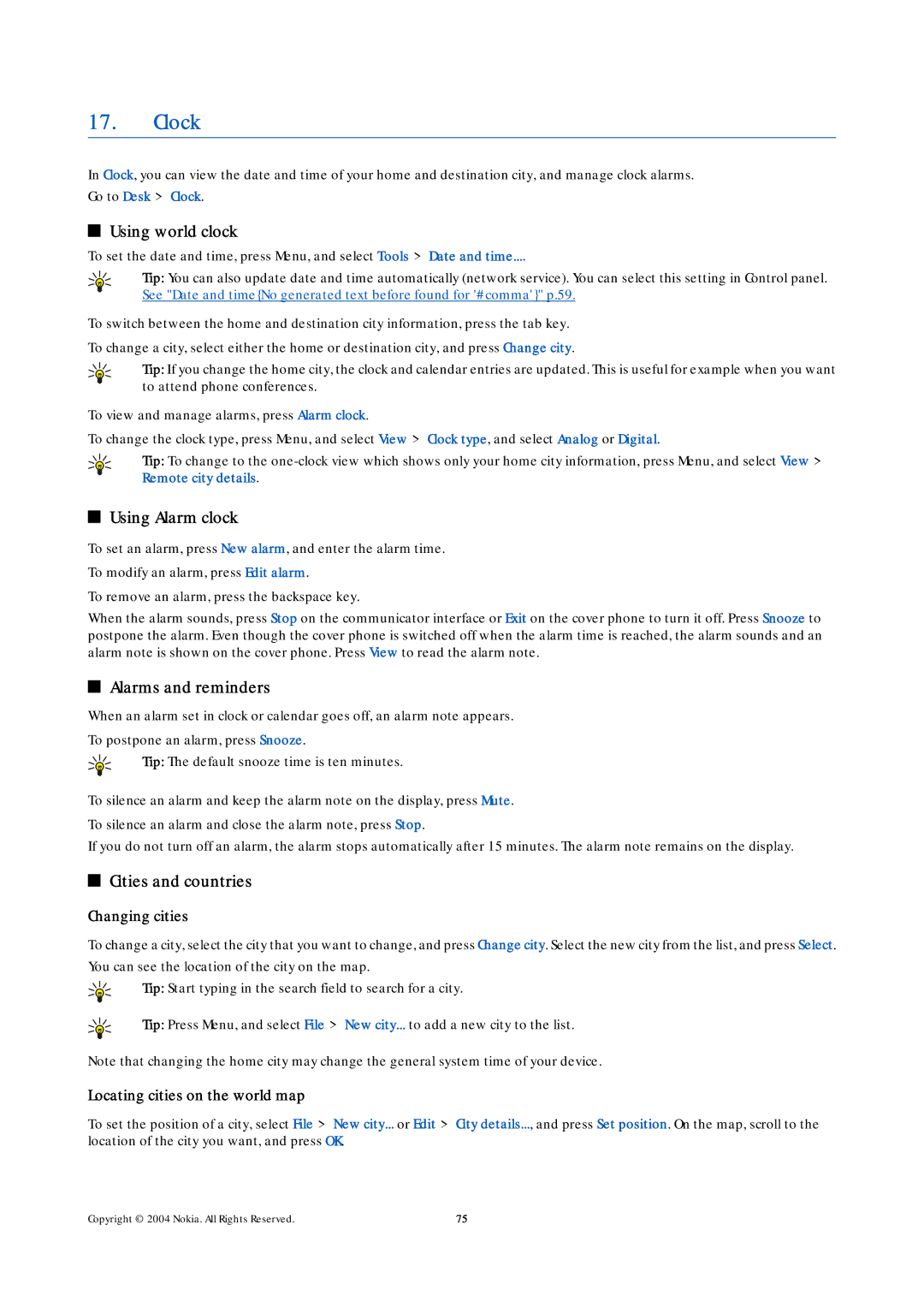 Nokia 9500 manual Clock, Using world clock, Using Alarm clock, Alarms and reminders, Cities and countries 