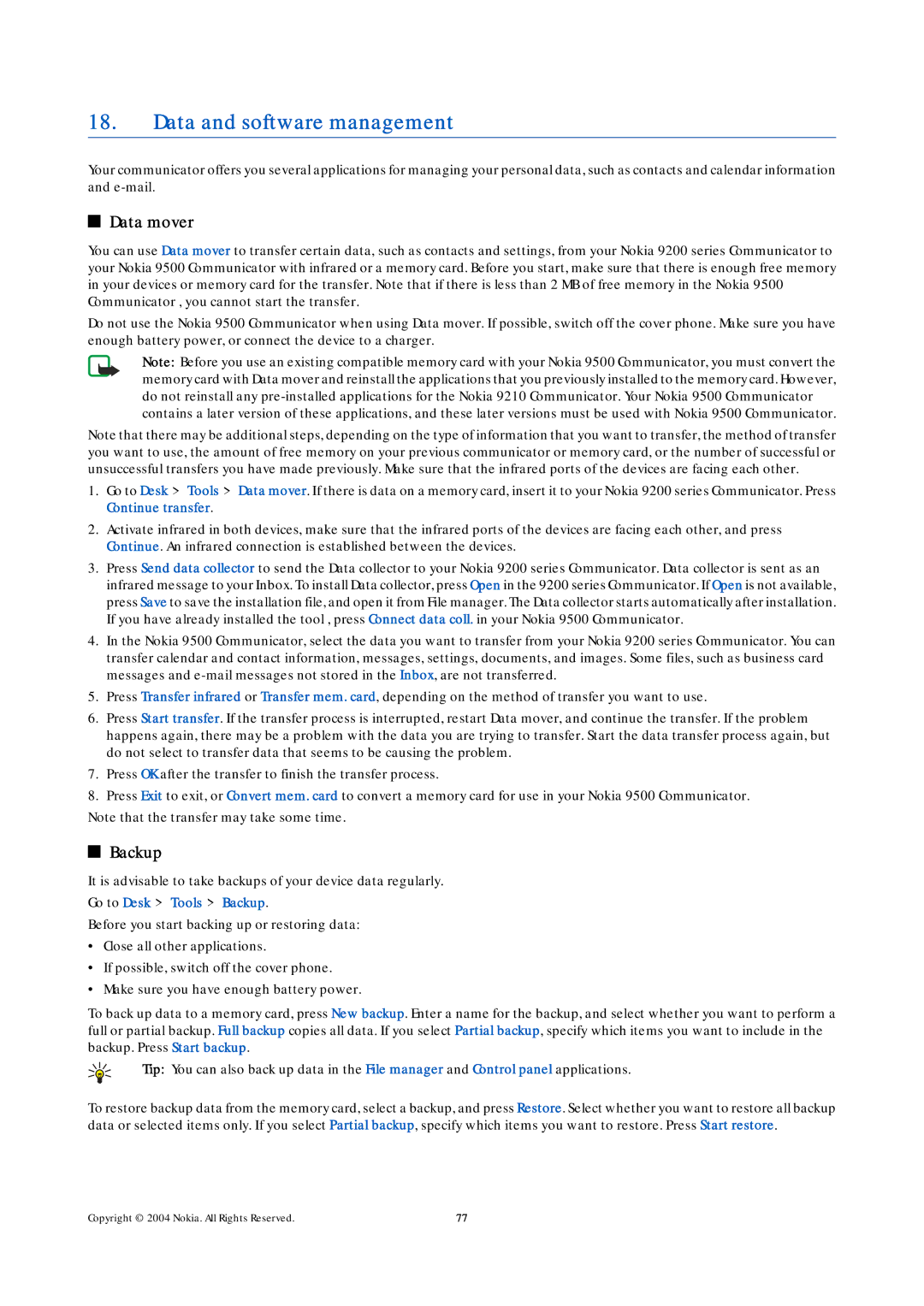 Nokia 9500 manual Data and software management, Data mover, Go to Desk Tools Backup 
