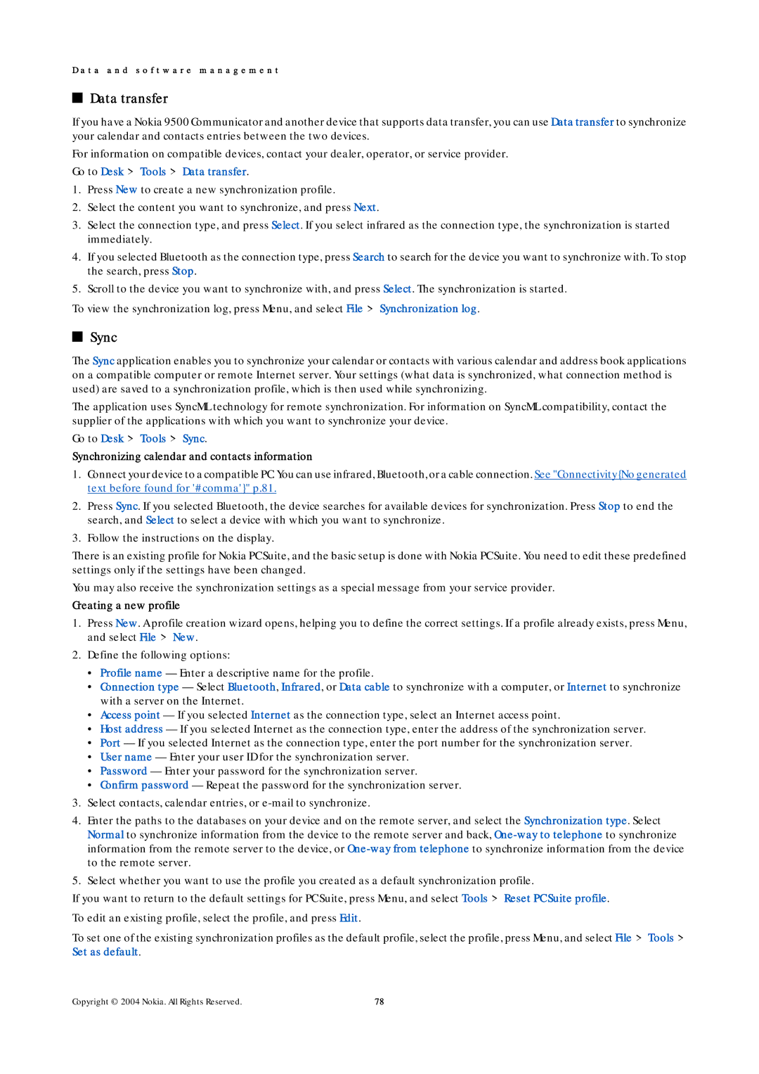 Nokia 9500 manual Go to Desk Tools Data transfer, Go to Desk Tools Sync 