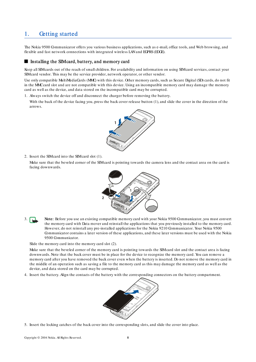 Nokia 9500 manual Getting started, Installing the SIM card, battery, and memory card 