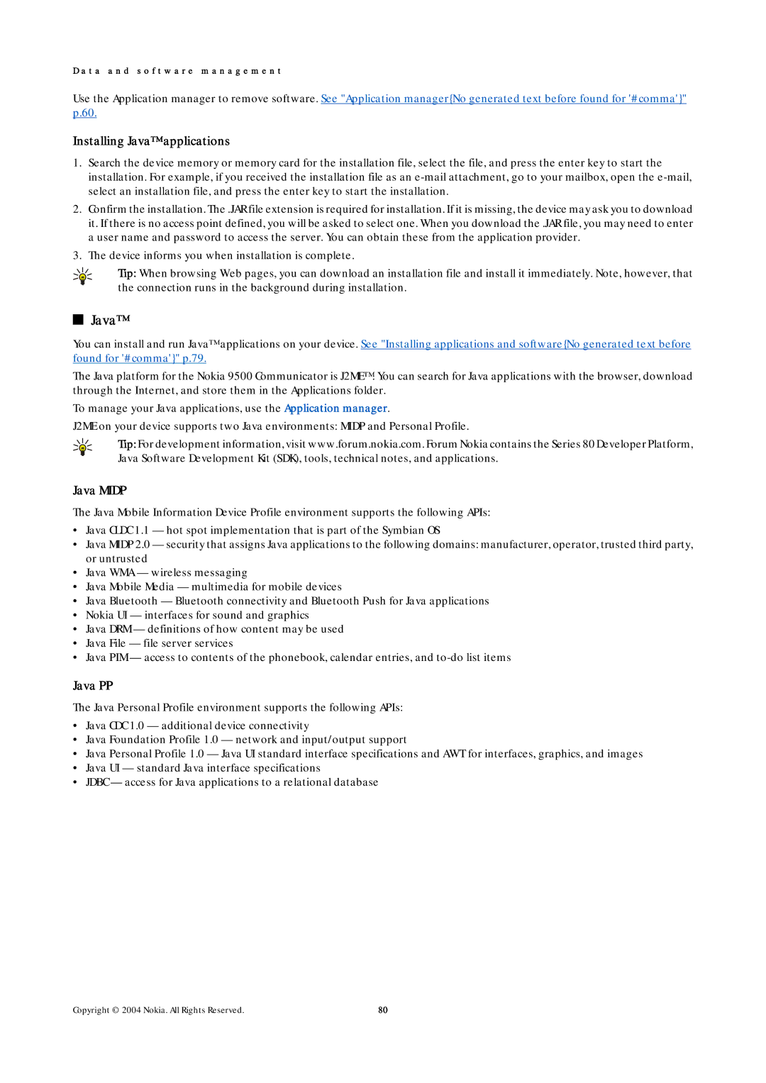 Nokia 9500 manual Installing Java applications, Java Midp, Java PP 