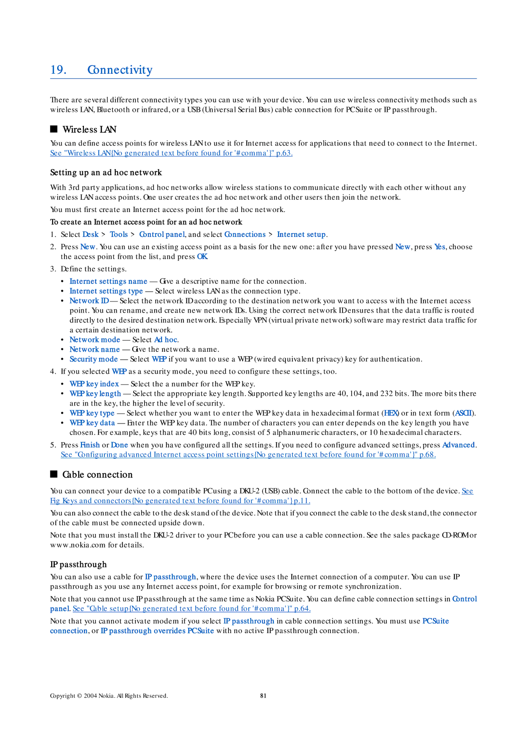 Nokia 9500 manual Connectivity, Wireless LAN, Cable connection, Setting up an ad hoc network, IP passthrough 