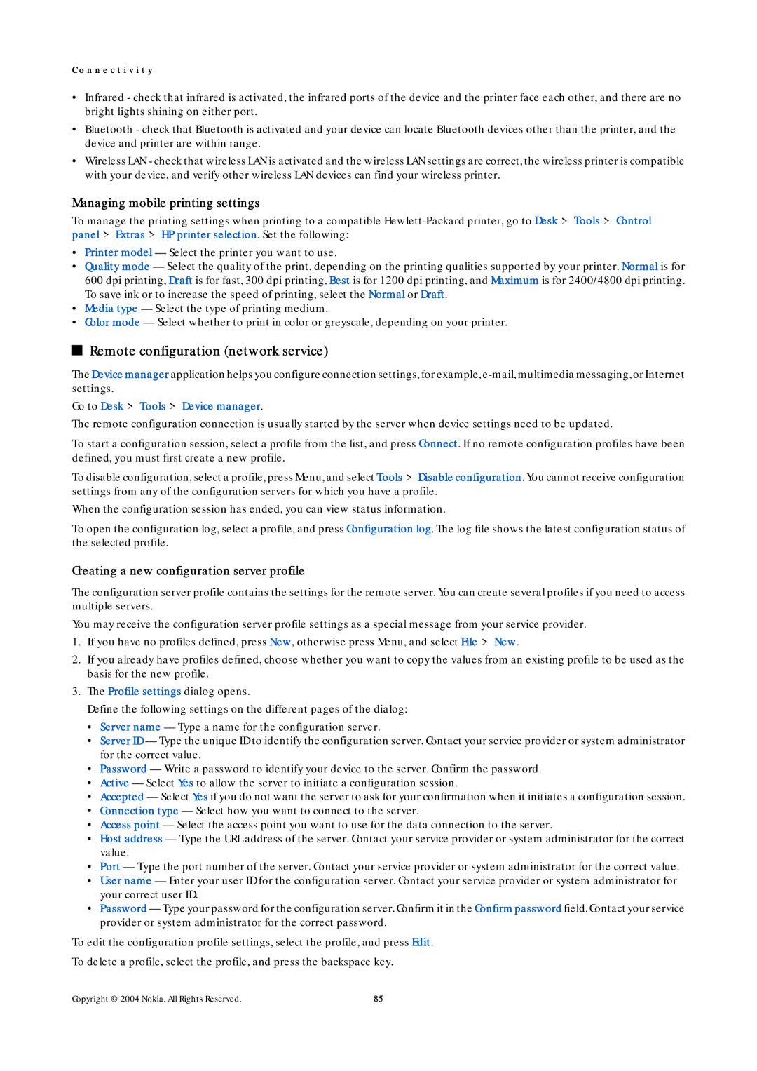 Nokia 9500 manual Remote configuration network service, Managing mobile printing settings, Go to Desk Tools Device manager 