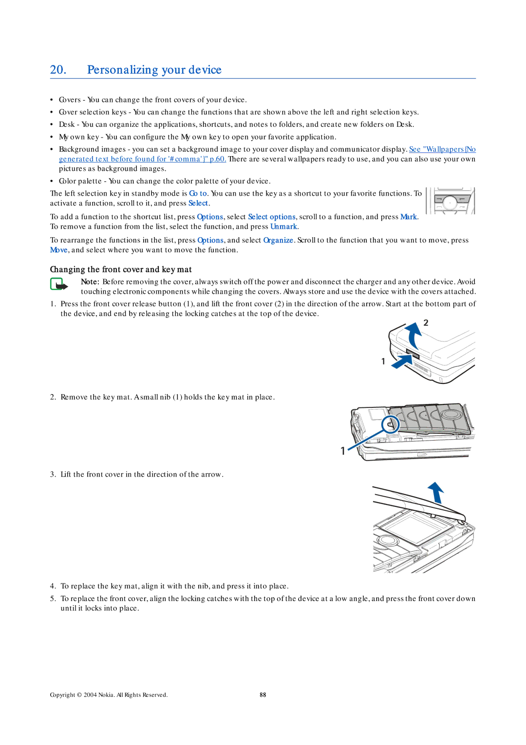 Nokia 9500 manual Personalizing your device, Changing the front cover and key mat 