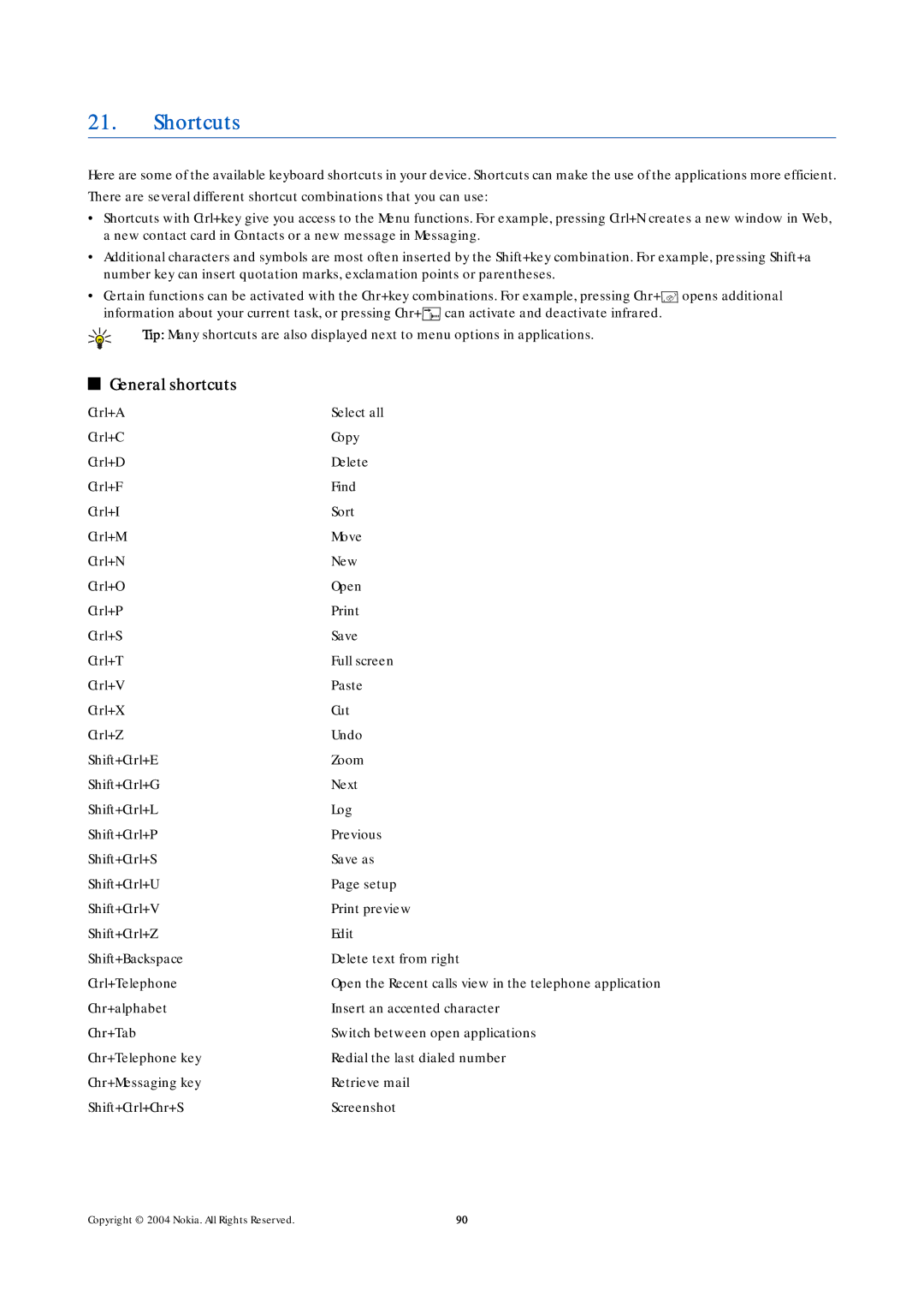 Nokia 9500 manual Shortcuts, General shortcuts 