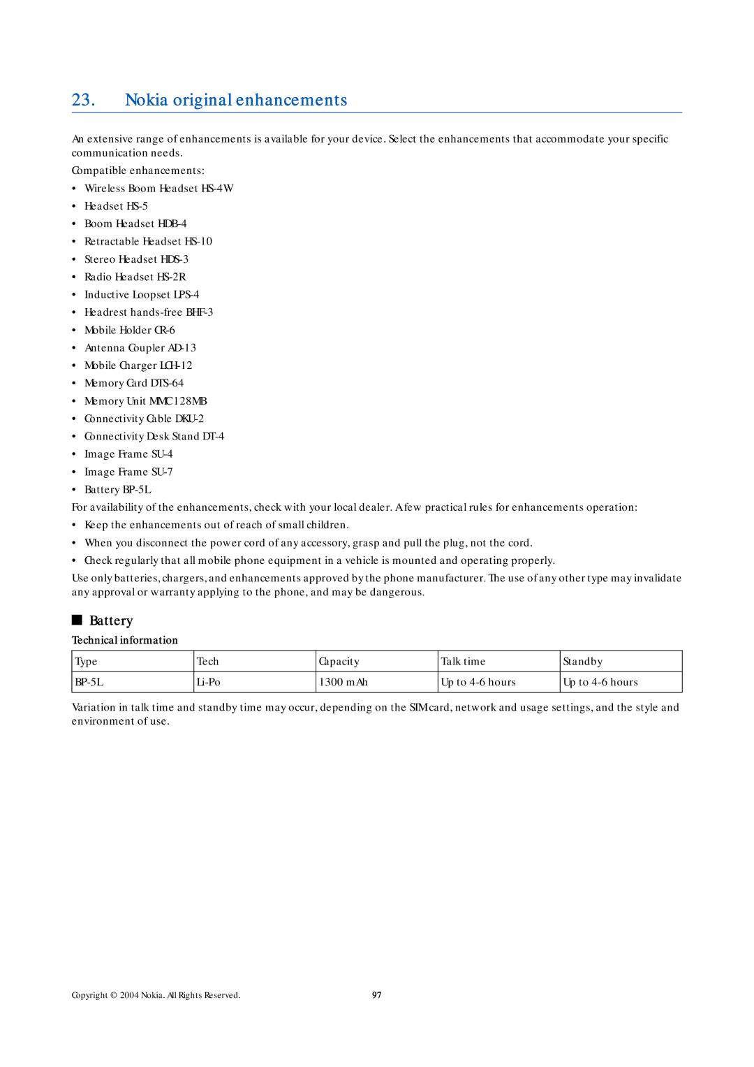 Nokia 9500 manual Nokia original enhancements, Battery, Technical information 