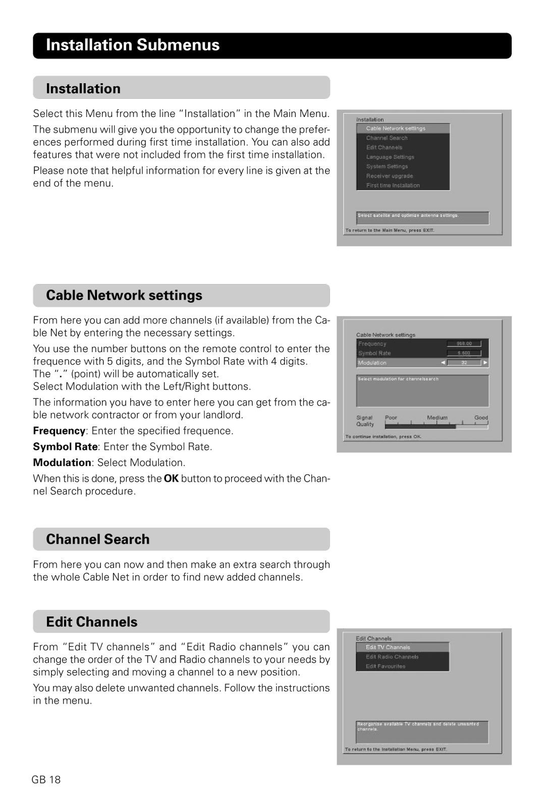 Nokia 9600C owner manual Installation Submenus, Cable Network settings, Edit Channels 