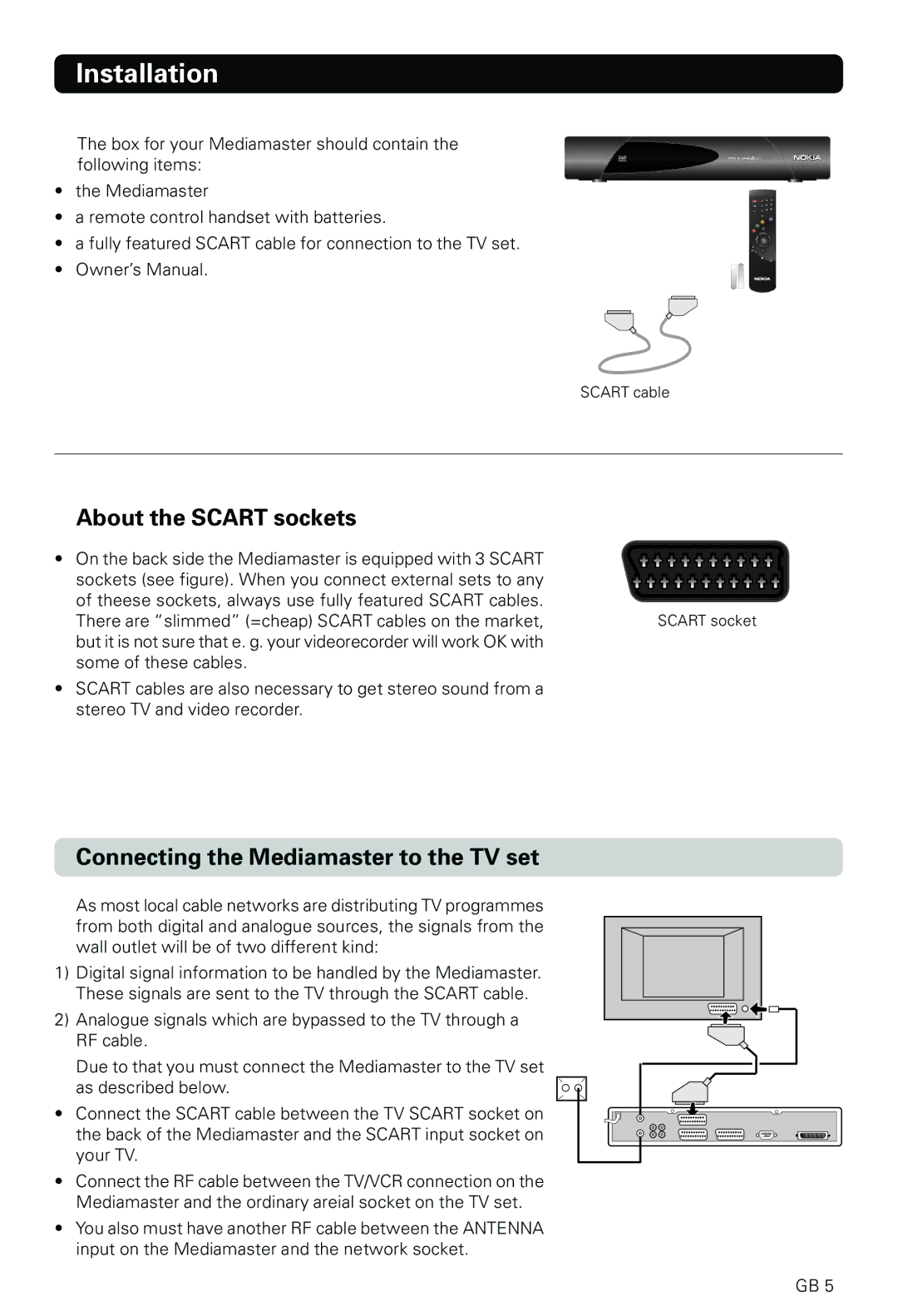 Nokia 9600C owner manual Installation, About the Scart sockets, Connecting the Mediamaster to the TV set 