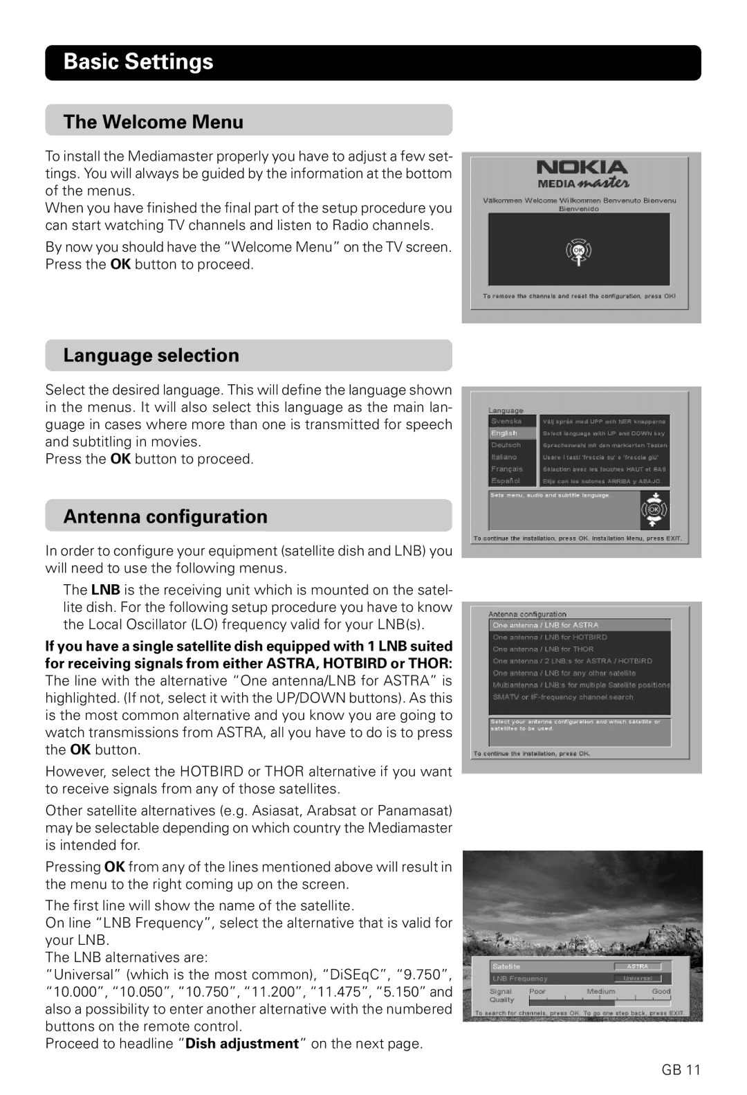 Nokia 9200S, 9600S owner manual Basic Settings, Welcome Menu, Language selection, Antenna configuration 