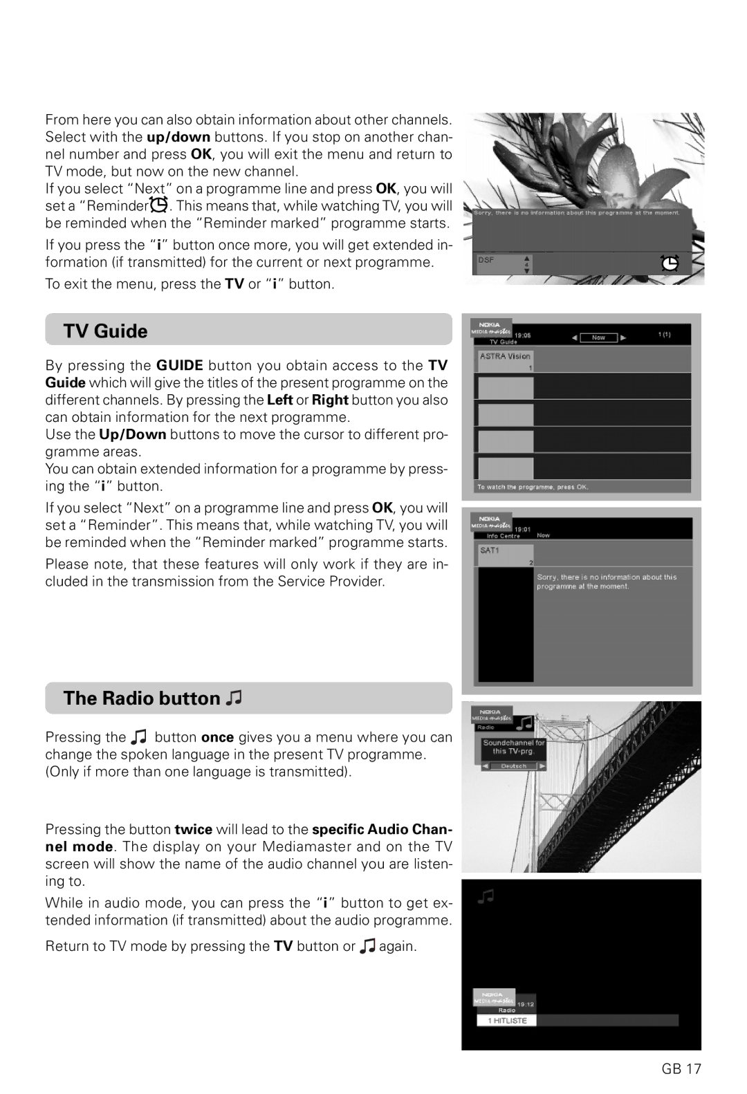 Nokia 9200S, 9600S owner manual TV Guide, Radio button 