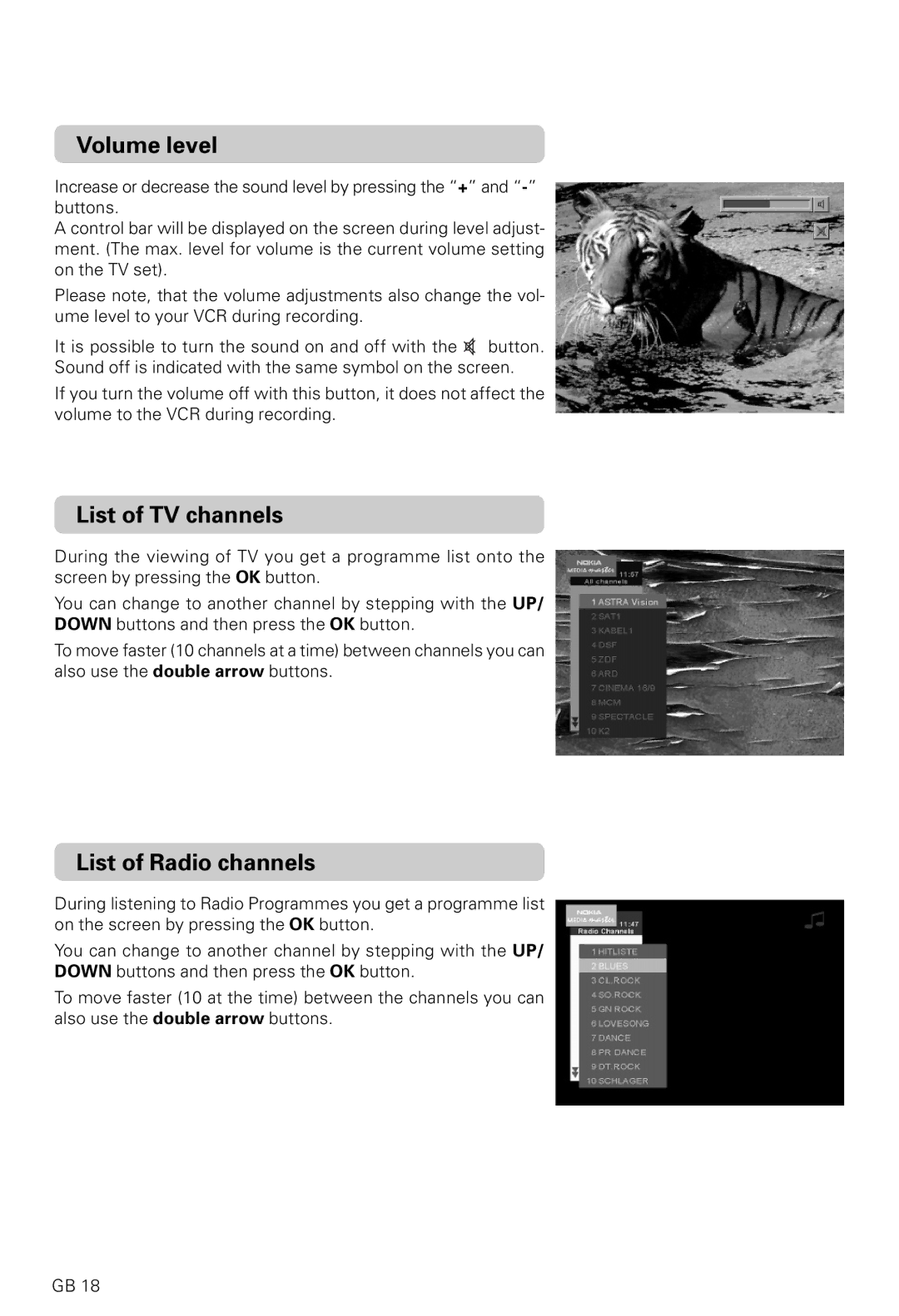 Nokia 9600S, 9200S owner manual Volume level, List of TV channels, List of Radio channels 