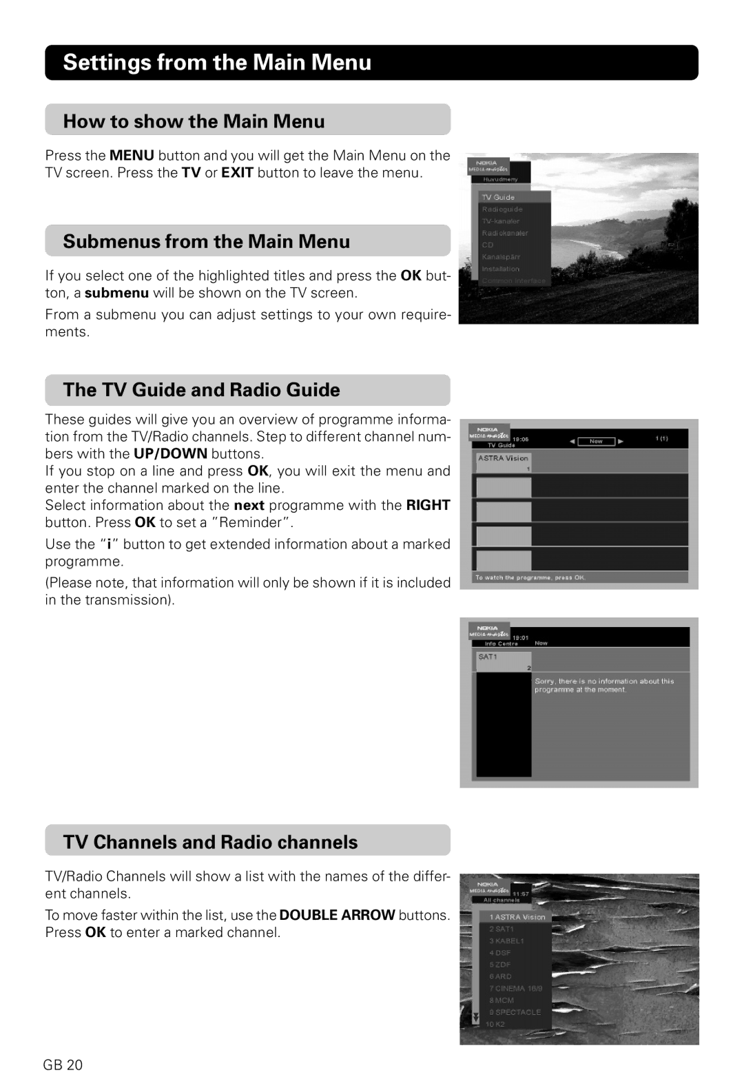 Nokia 9600S Settings from the Main Menu, How to show the Main Menu, Submenus from the Main Menu, TV Guide and Radio Guide 