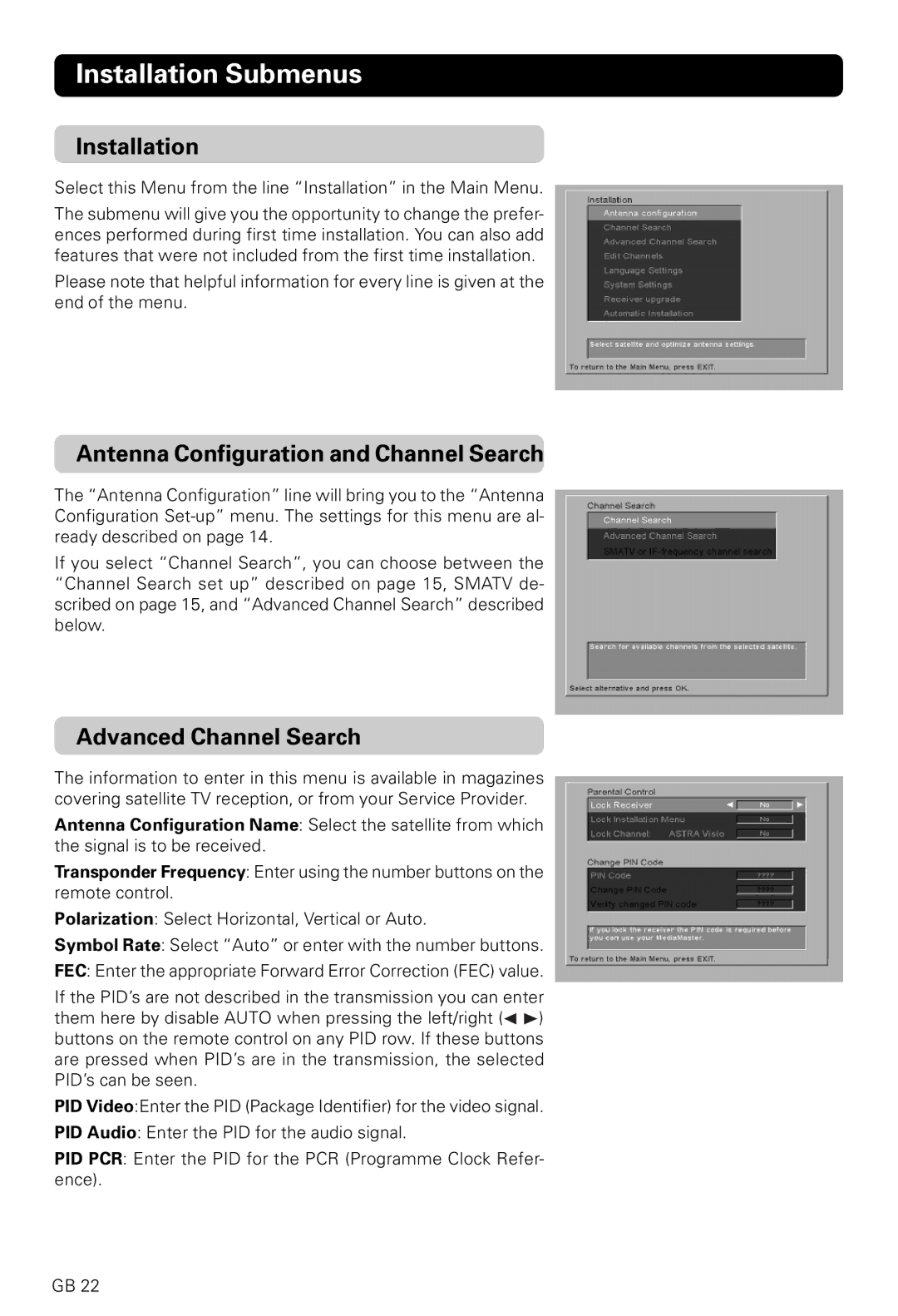 Nokia 9600S, 9200S owner manual Installation Submenus, Antenna Configuration and Channel Search, Advanced Channel Search 