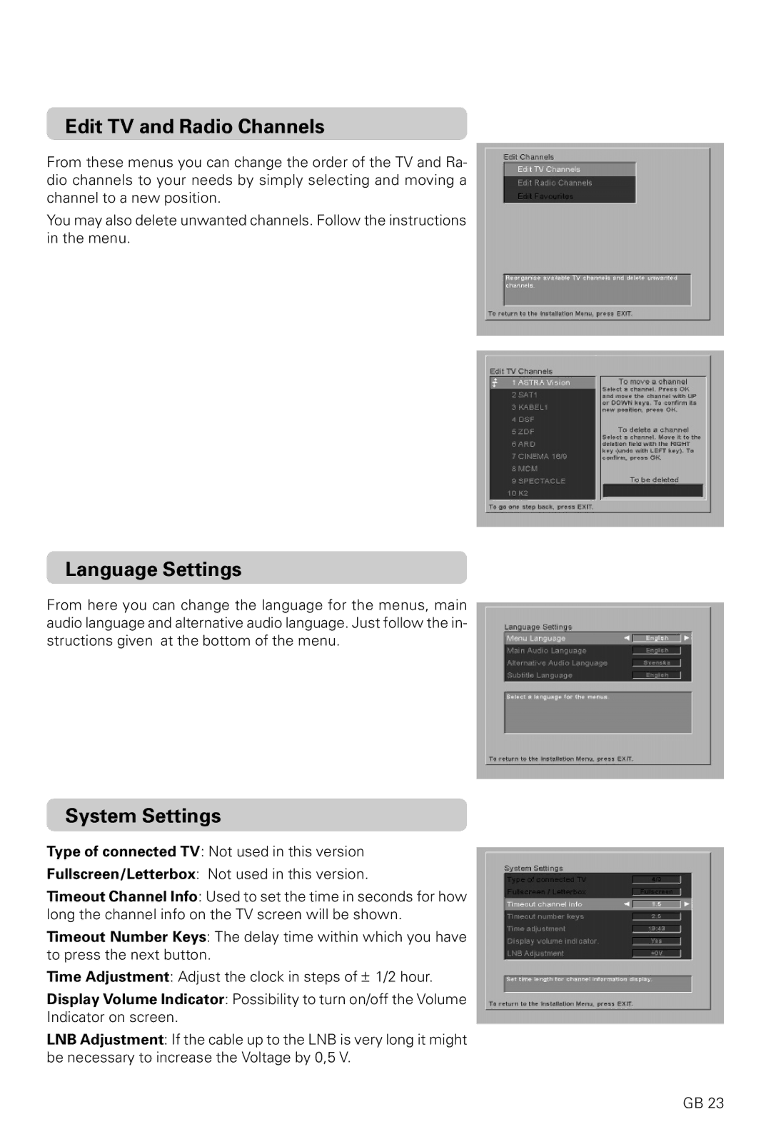 Nokia 9200S, 9600S owner manual Edit TV and Radio Channels, Language Settings, System Settings 