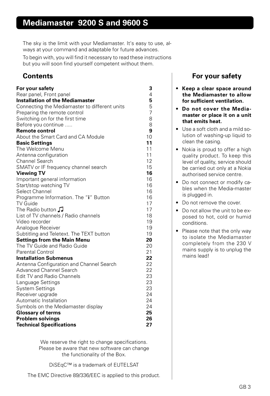 Nokia 9200S, 9600S owner manual Mediamaster 9200 S and 9600 S, Contents, For your safety 