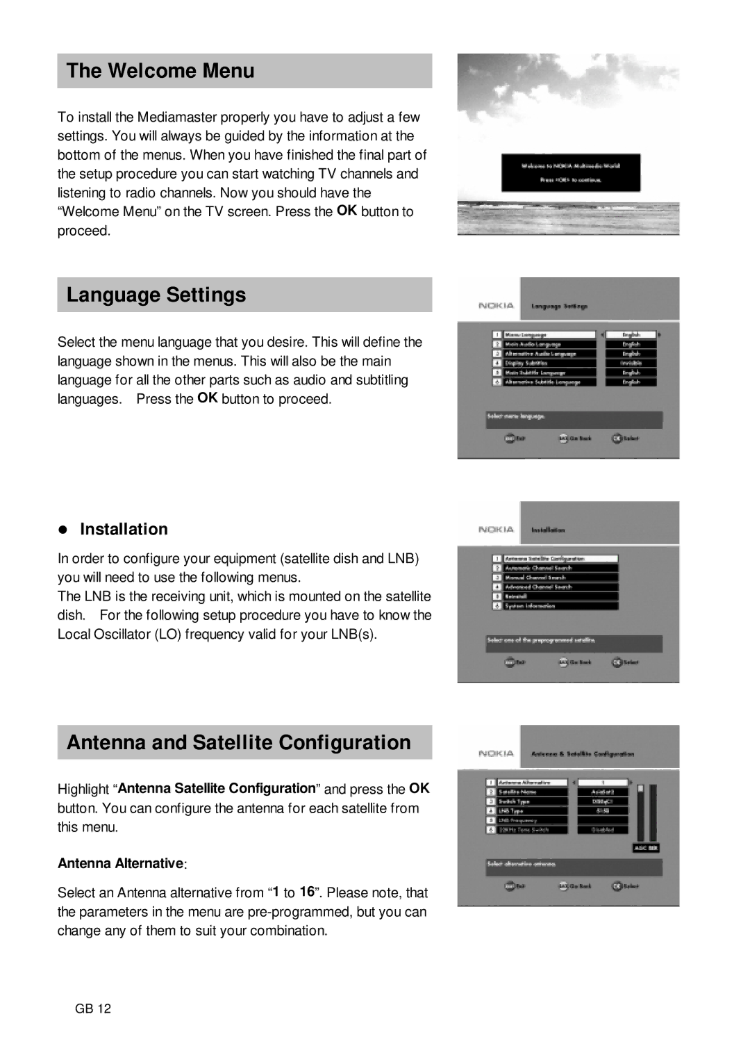 Nokia 9650S owner manual Welcome Menu, Language Settings, Antenna and Satellite Configuration, Antenna Alternative 