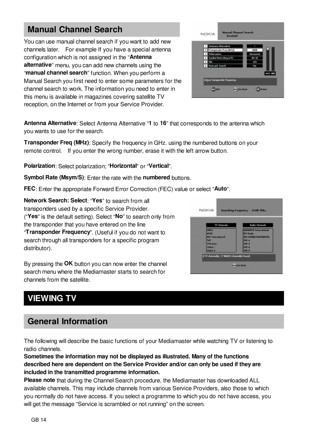 Nokia 9650S owner manual Manual Channel Search, Viewing TV, General Information 