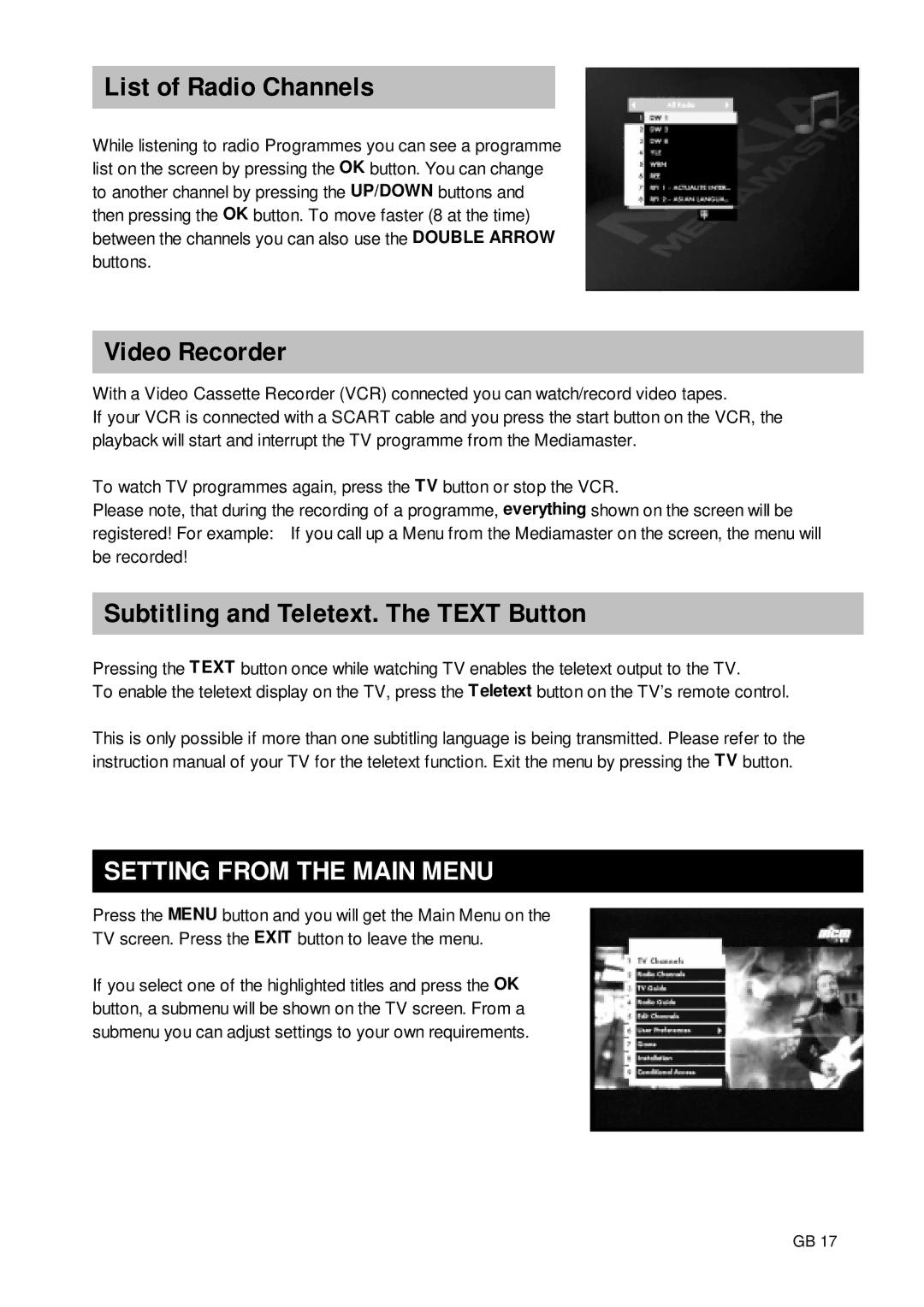 Nokia 9650S List of Radio Channels, Video Recorder, Subtitling and Teletext. The Text Button, Setting from the Main Menu 