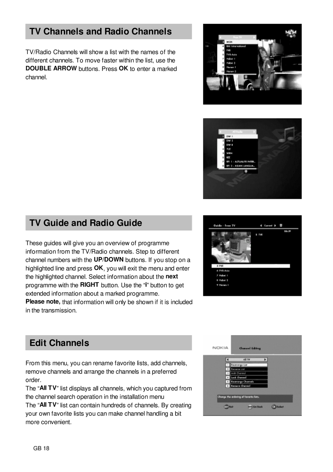 Nokia 9650S owner manual TV Channels and Radio Channels, TV Guide and Radio Guide, Edit Channels 