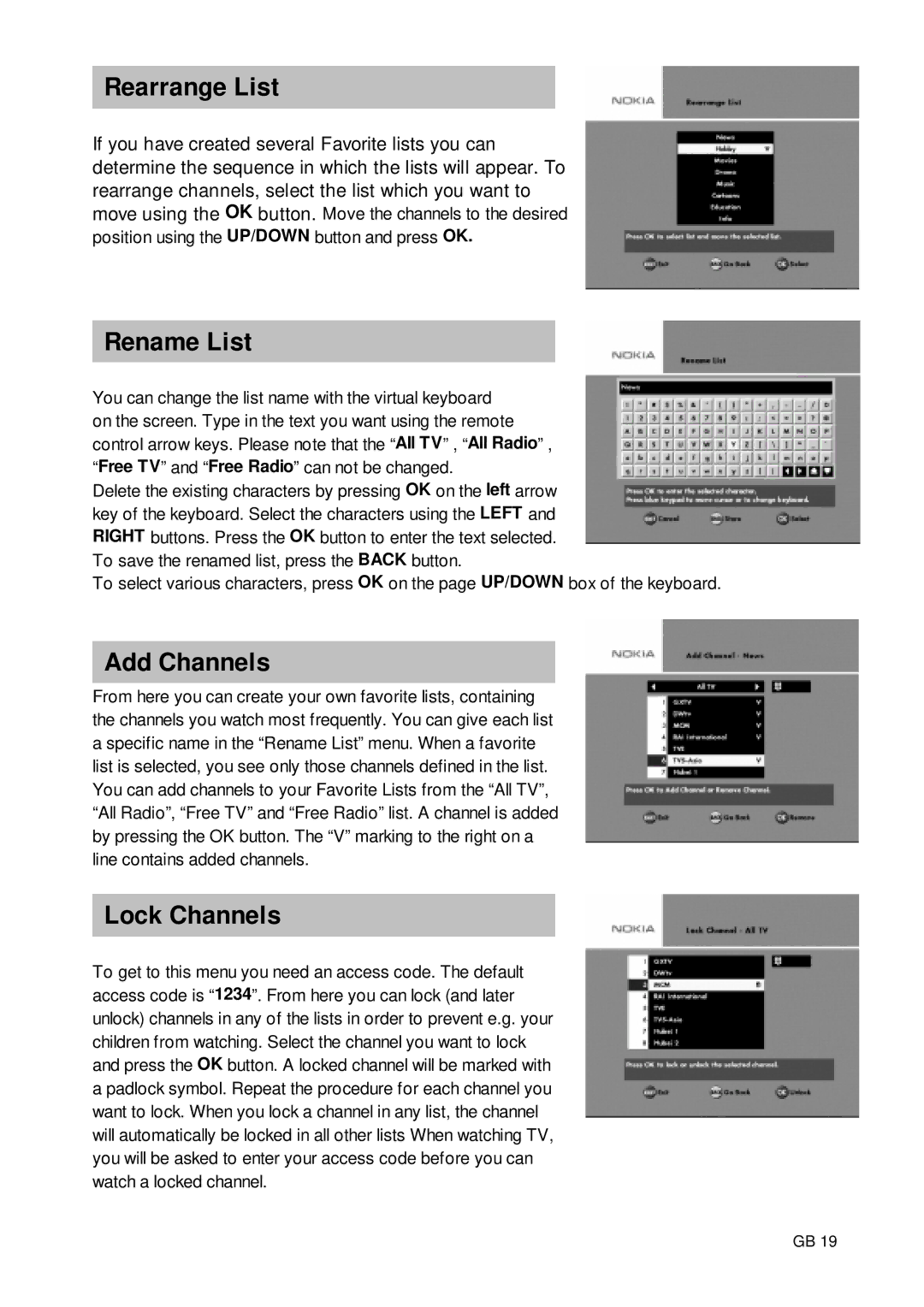 Nokia 9650S owner manual Rearrange List, Rename List, Add Channels, Lock Channels 